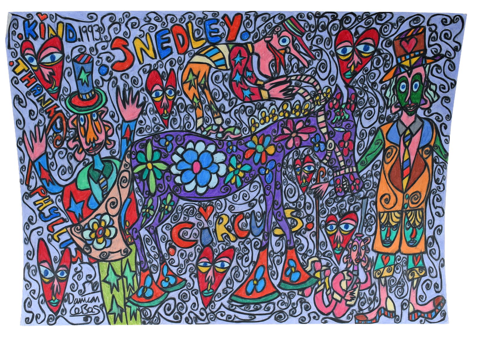 Damian Le Bas. Purple Horse and Rider.: Damian Le Bas. Purple Horse and Rider. 1993. Signed and dated. Mixed media on poster. Good condition. 30" w x 22" h. Provenance: Phyllis Kind Gallery. Est. $100-200. Ship: $75 Please Read Before