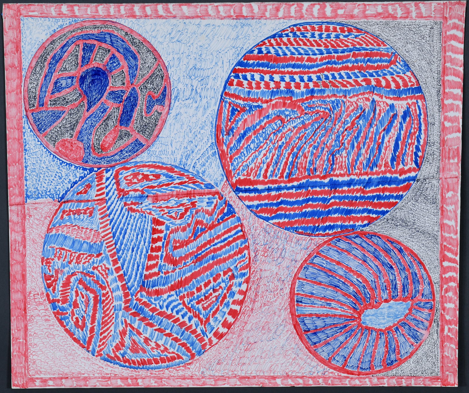 Unknown Artist. Four Decorated Circles.: Unknown Artist. Four Decorated Circles. Marker on poster. Crease in paper, slight fading, otherwise good condition. 23" w x 17" h. Provenance: Phyllis Kind Gallery. Est. $25-50. Ship: $55 Please
