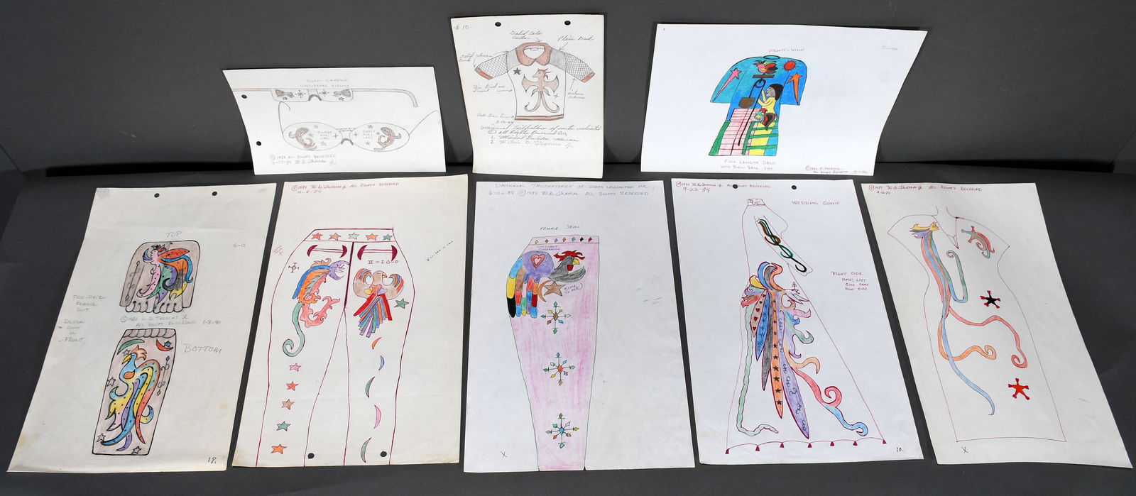 Willie D. Thomas. 8 Fashion Drawings.: Willie D. Thomas. 8 Fashion Drawings. 1984. Signed and dated. Ink and colored pencil on paper. 8" x 10" average size. Provenance: Phyllis Kind Gallery. Est. $50-100. Ship: $35 Please Read Before