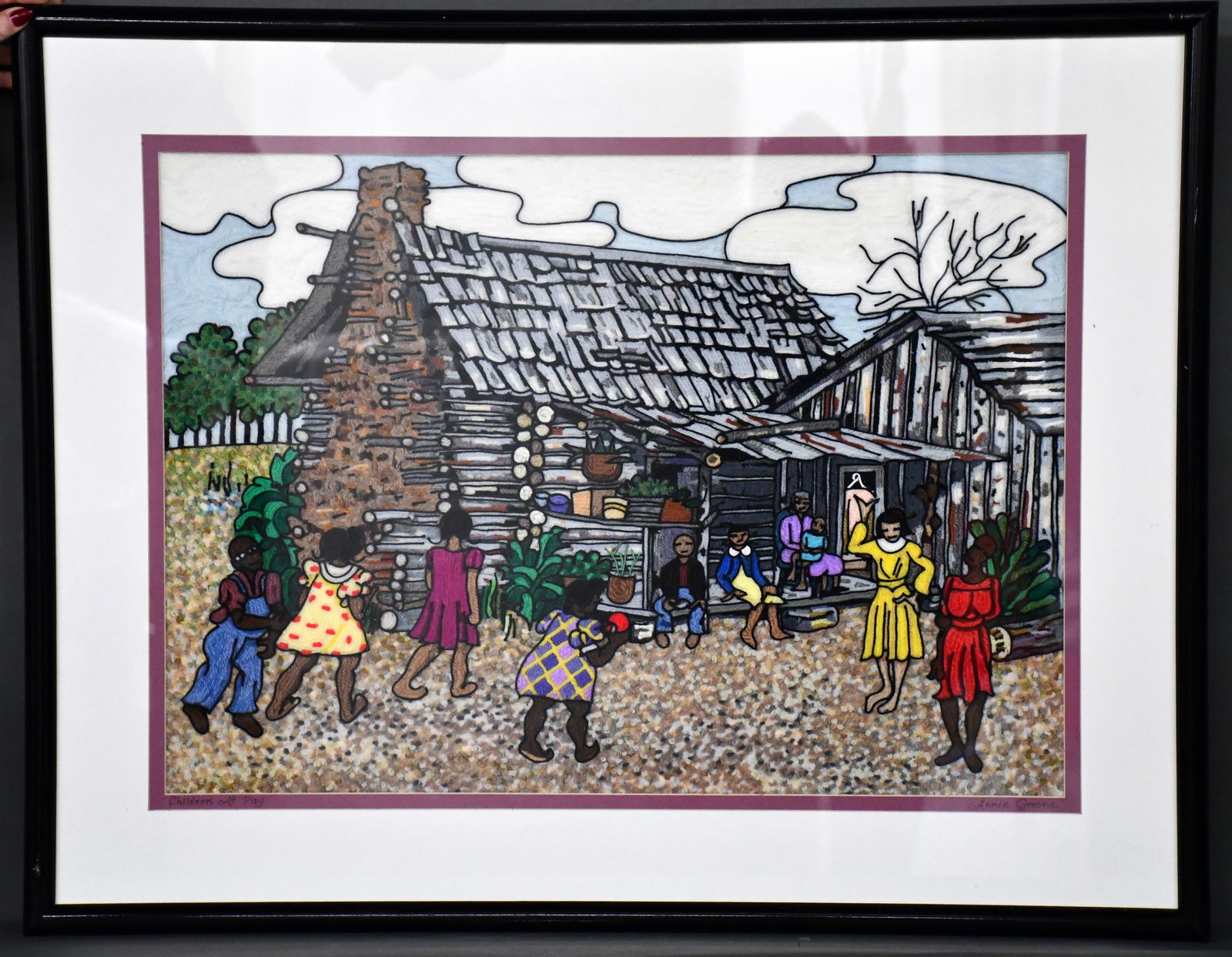 Annie Greene. Children at Play.: Annie Greene. Children at Play. Signed and titled. Yarn and mixed media backed to paper. Excellent condition. Size with frame is 36" w x 29" h. Est. $100-200. Ship: $150 Please Read Before You Bid: