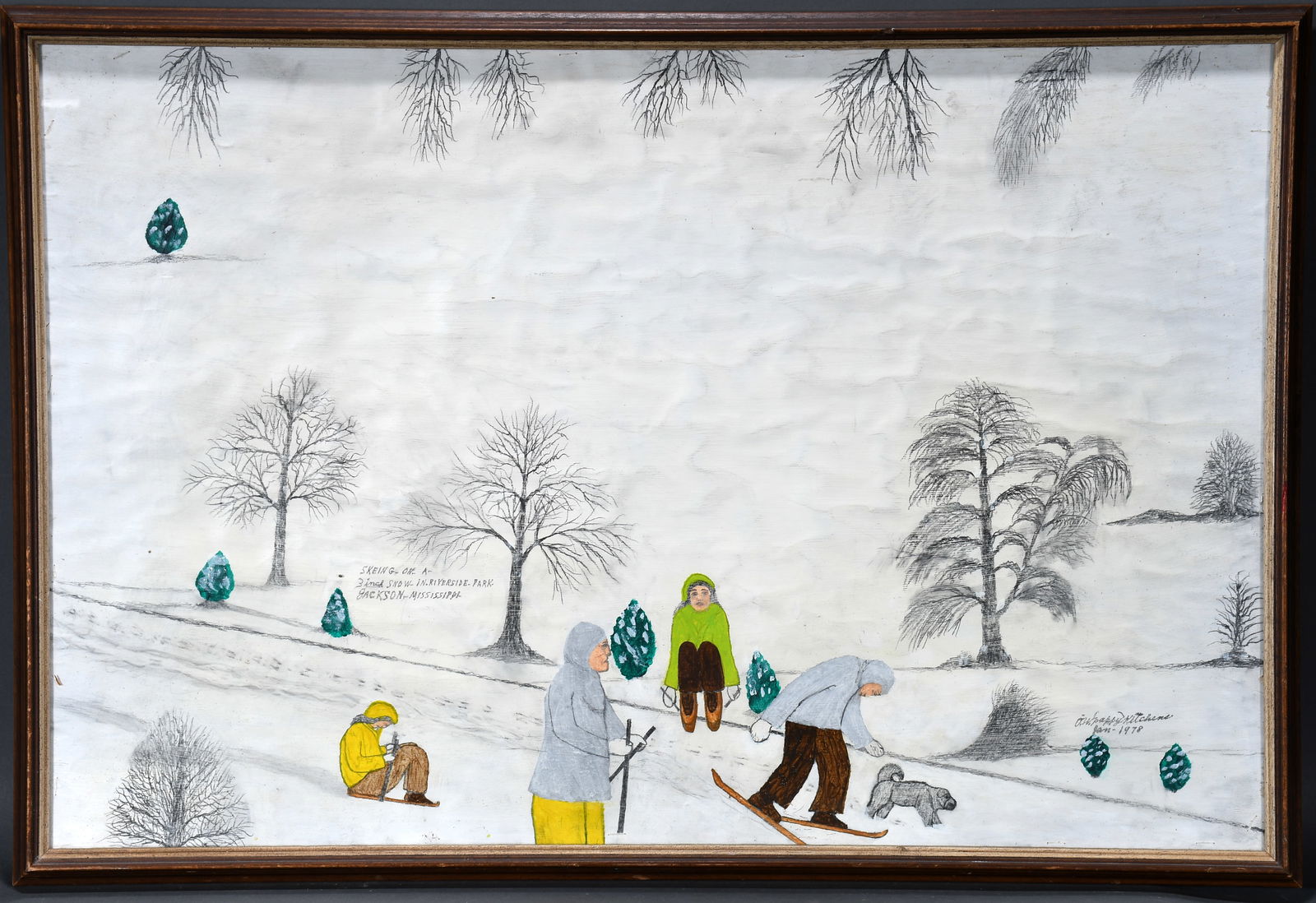 Pappy Kitchens. Skeing (sic.) On Three Inch Snow In Riverside Park Jackson MS.: Pappy Kitchens. Skeing (sic.) On Three Inch Snow In Riverside Park Jackson Mississippi. 1978. Signed, dated and titled. Paint and graphite on mixed media. Good condition. 37" w x 25" h. Very heavy.