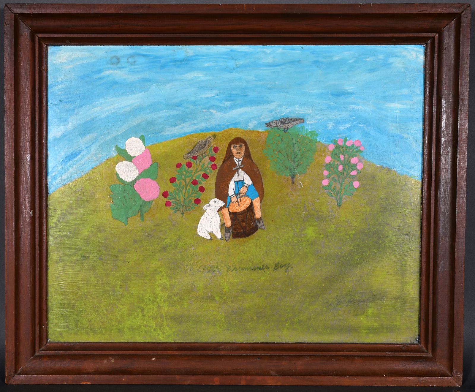 Pappy Kitchens. Drummer Boy.: Pappy Kitchens. Drummer Boy. 1973. Signed, dated and titled. Paint on found cardboard. Great condition. Size with frame is 22" w x 19" h. Est. $100-200. Ship: $65 Please Read Before You Bid: By