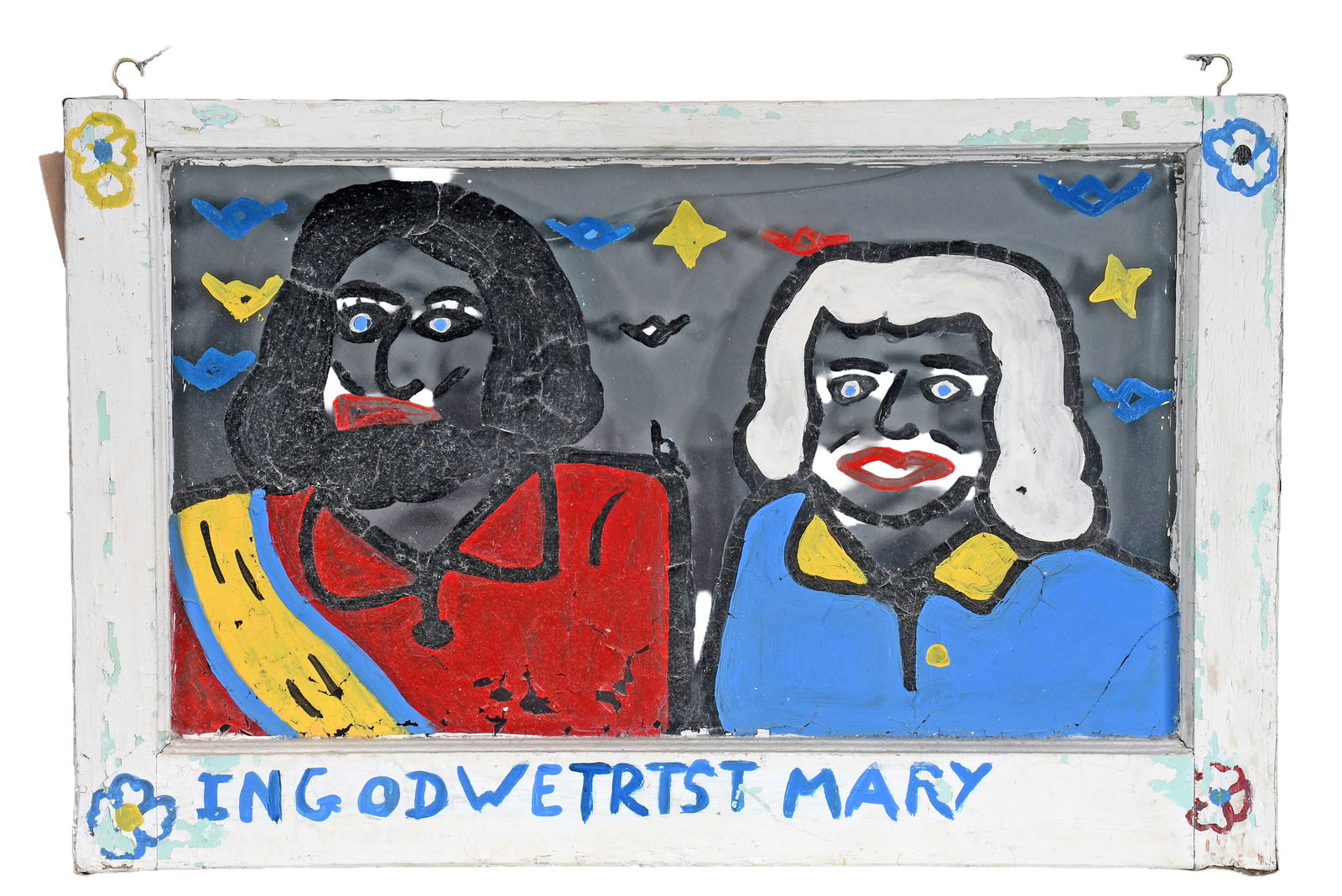 Alva Gene Dexhimer. In God We Trist Mary.: Alva Gene Dexhimer. In God We Trist Mary. Paint on old window. Minor paint loss and wear otherwise good condition. 28" w x 18" h. Est. $50-100. Ship: $75 Please Read Before You Bid: By registering