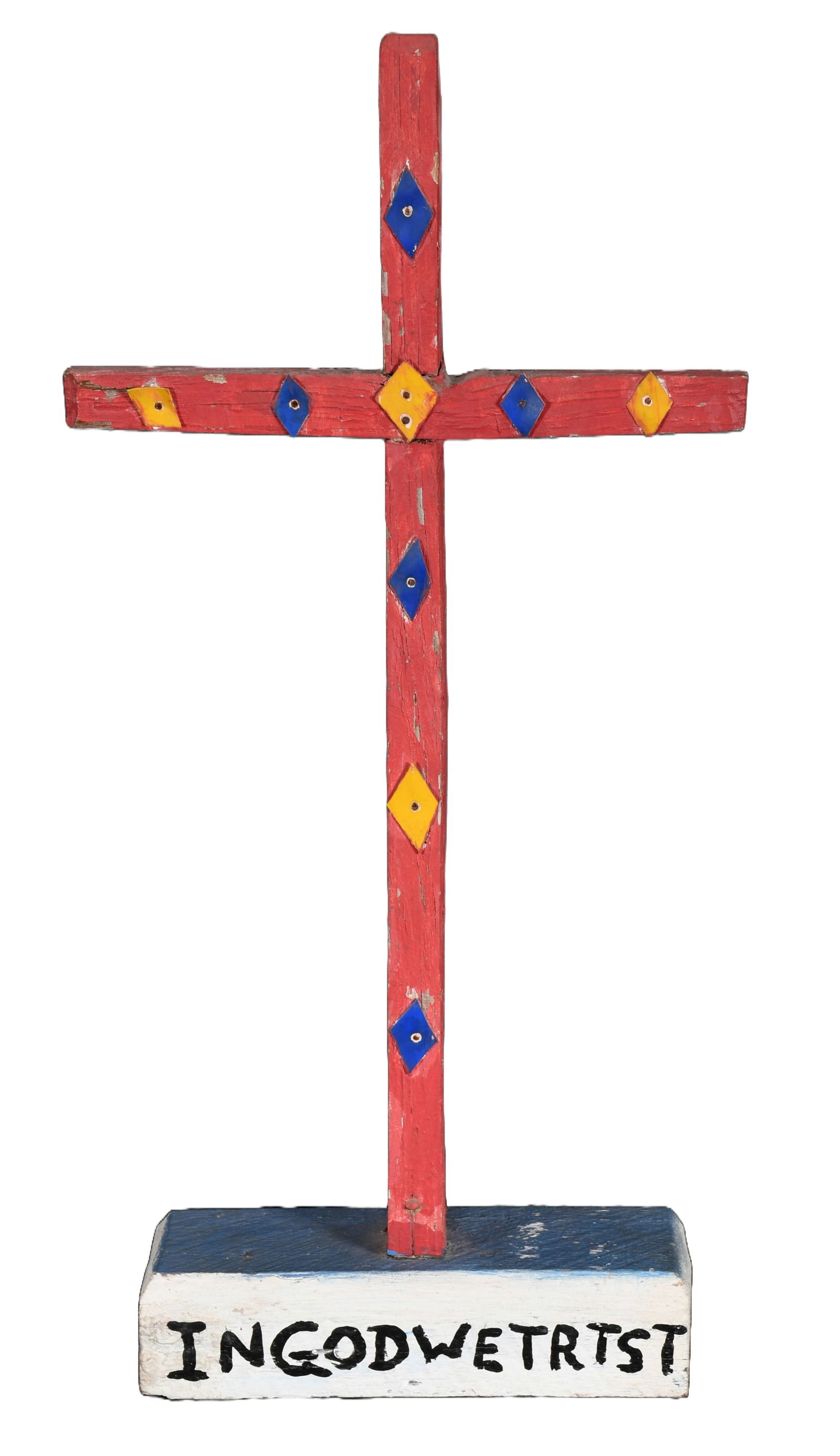 Alva Gene Dexhimer. Cross.: Alva Gene Dexhimer. 1931-1984. Cross. Carved and painted wood with mixed media. Minor paint wear, otherwise great condition. 23.5" h x 11.5" w. Est. $50-75. Ship: $55 Please Read Before You Bid: 