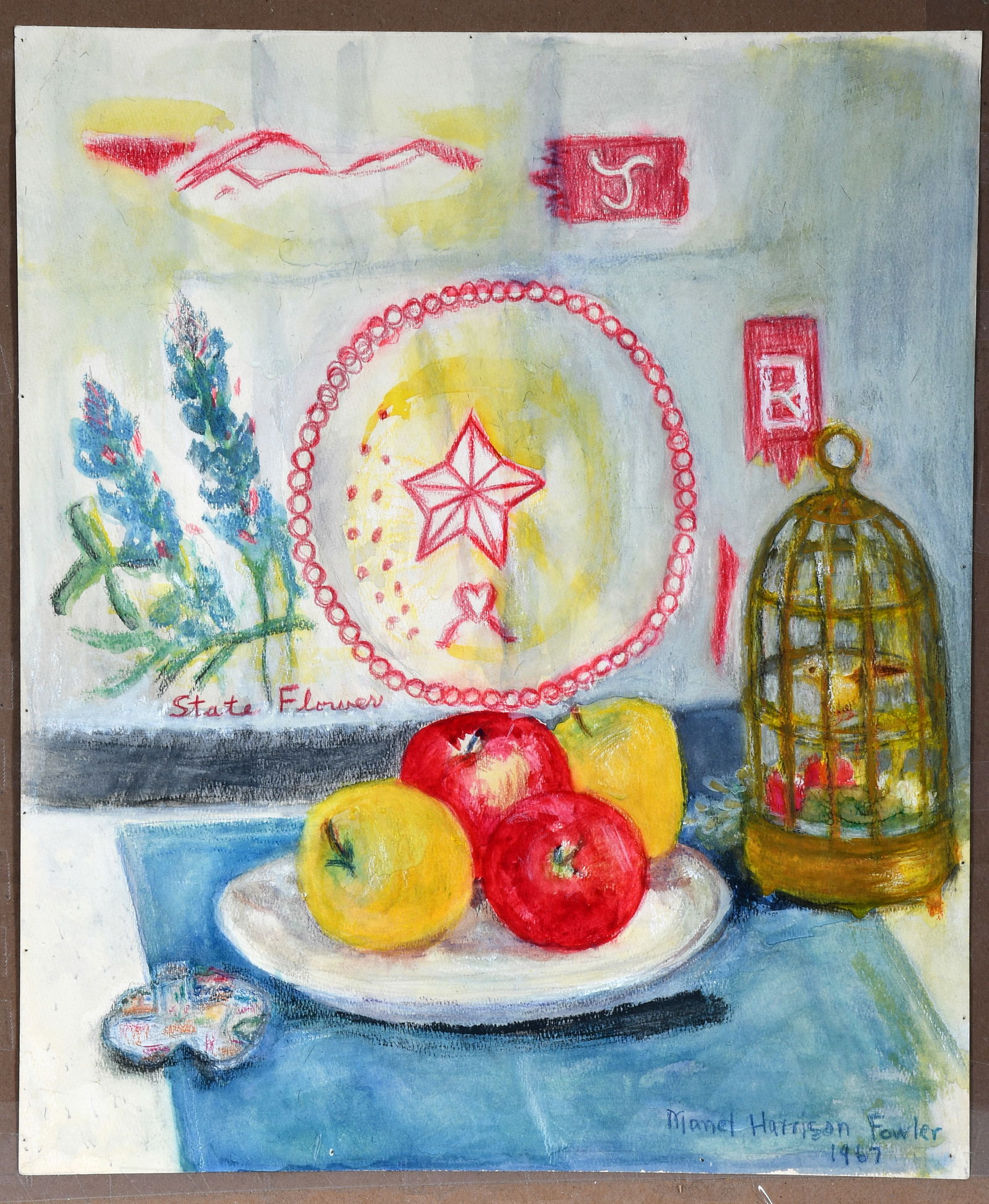 Manet Harrison Fowler. State Flower.: Manet Harrison Fowler. State Flower. 1967. Signed and dated. Paint and water color on artist paper. Pin holes from original hanging otherwise excellent condition. 15" w x 18" h Est. $100-200. Ship: $5
