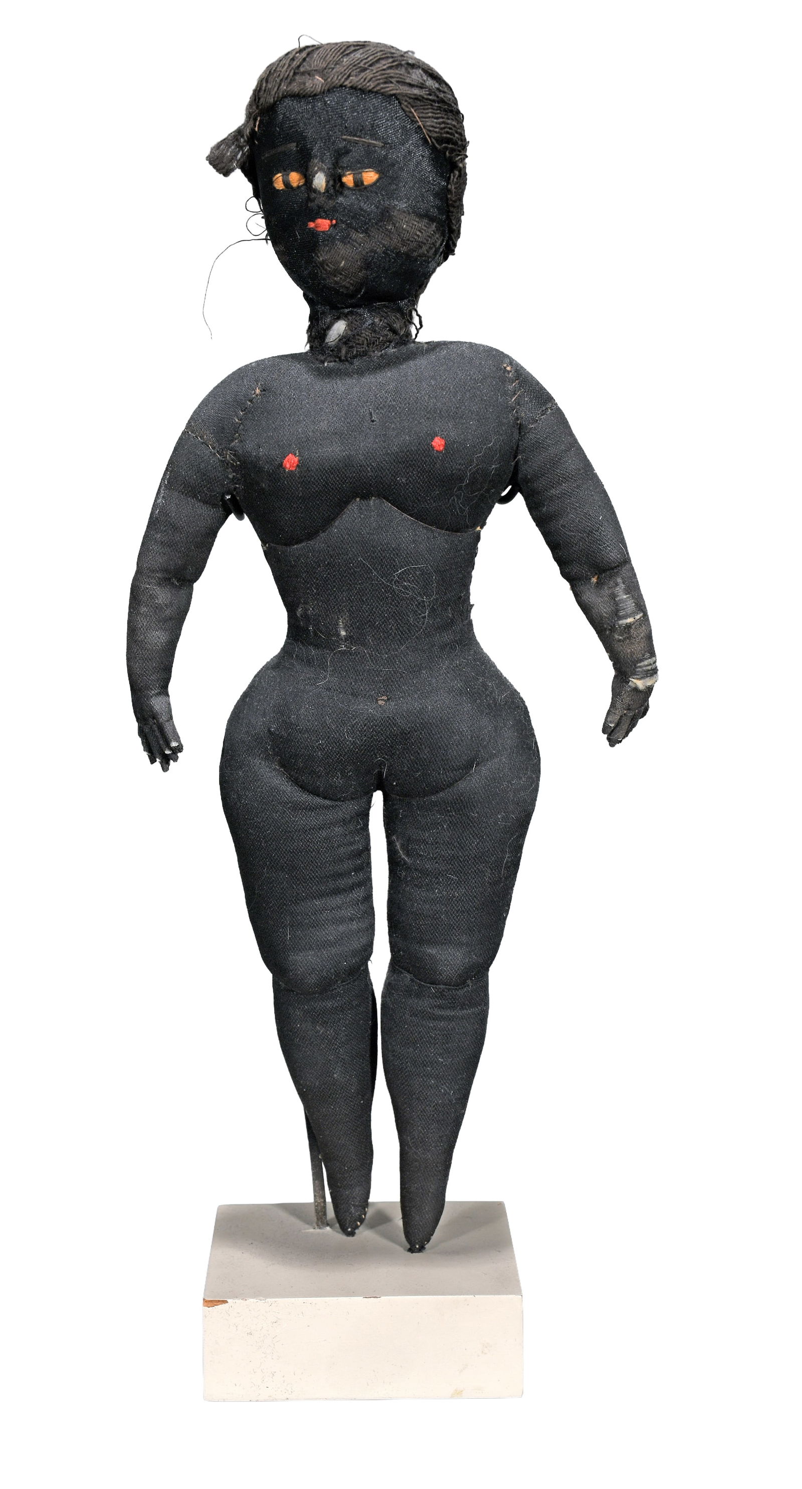 Anonymous. Early Black Cloth Doll.: Anonymous. Early Black Cloth Doll. Stuffed stocking with mixed media fiber. Expected wear and thinning of material, otherwise good condition. Size with stand 13.5" h. Provenance: Siri Von Reis Collect