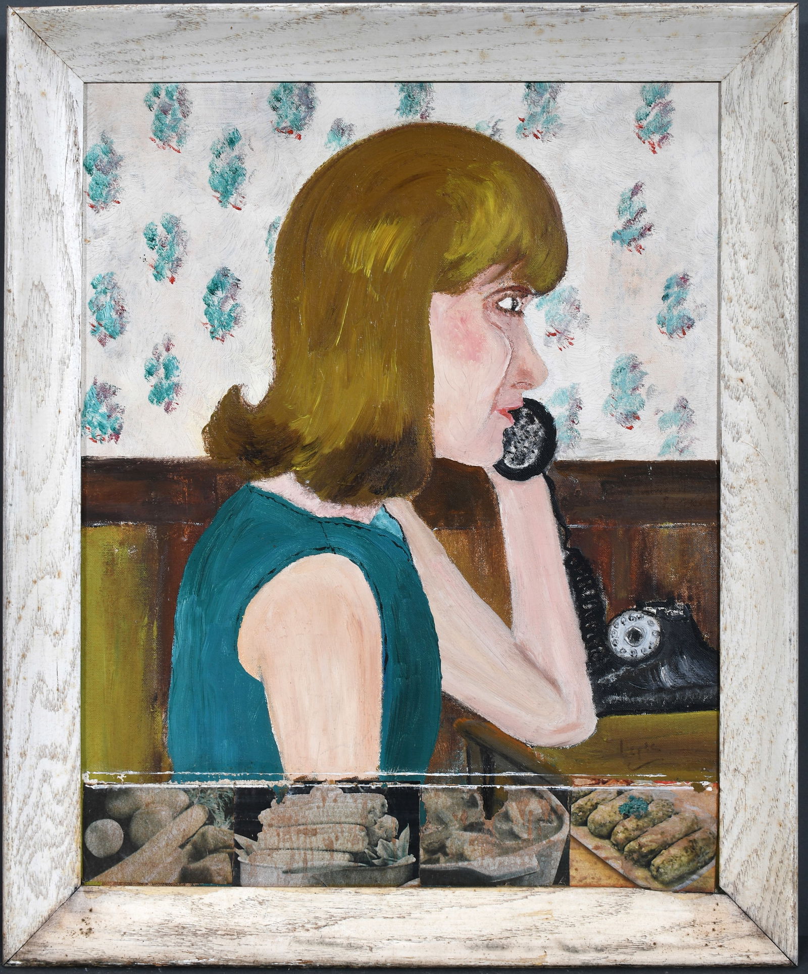 Leo Peck. Donna Ahrens.: Leo Peck. Donna Ahrens. Signed and titled. Paint and decoupage on canvas panel. Minor loss of decoupage paper, otherwise good condition. Size with frame is 19" w x 23" h. Est. $100-200. Ship: $65 Plea