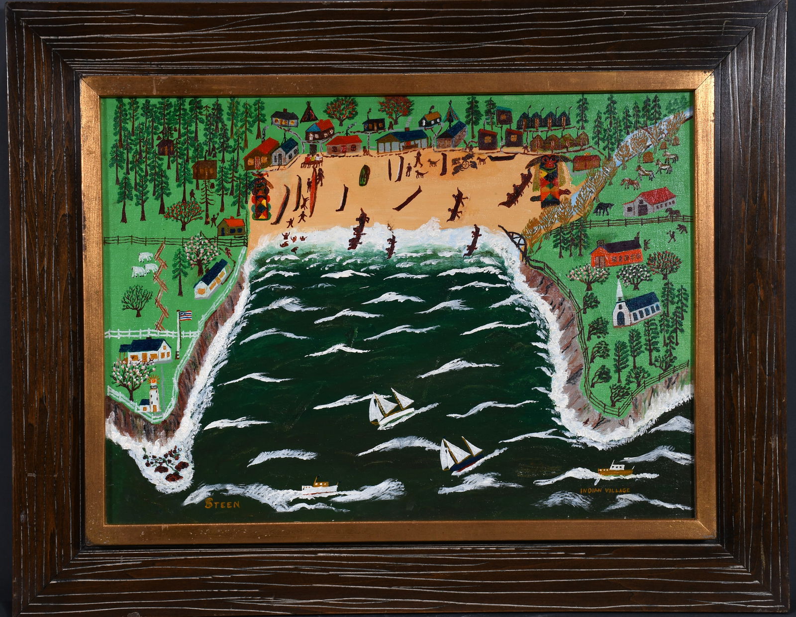 Robert Steen. Indian Village.: Robert Steen (1889-1974). Indian Village. Signed and titled. Oil on canvas. Excellent condition. Size with frame is 29" w x 23" h. Est. $100-200. Ship: $85 Please Read Before You Bid: By