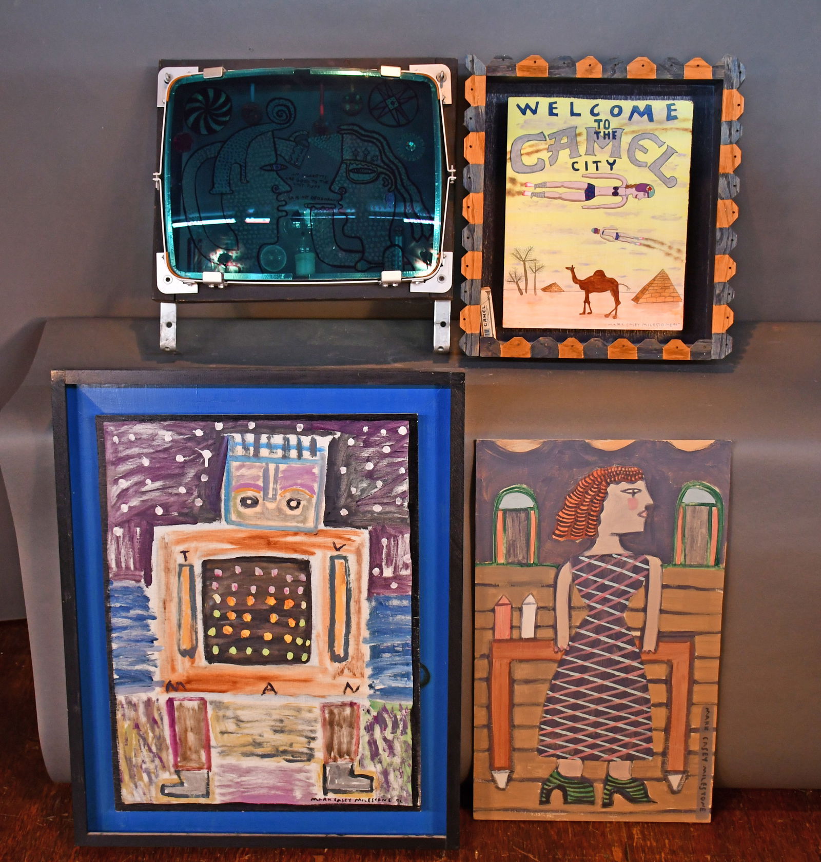 Mark Casey Milestone. Group of 4 Works.: Mark Casey Milestone. Group of 4 Works. c. 1990's. Paint on board and other mixed media. Average size is 19" x 24". Great condition. Est. $200-300. Buyer is responsible for shipping. Please Read