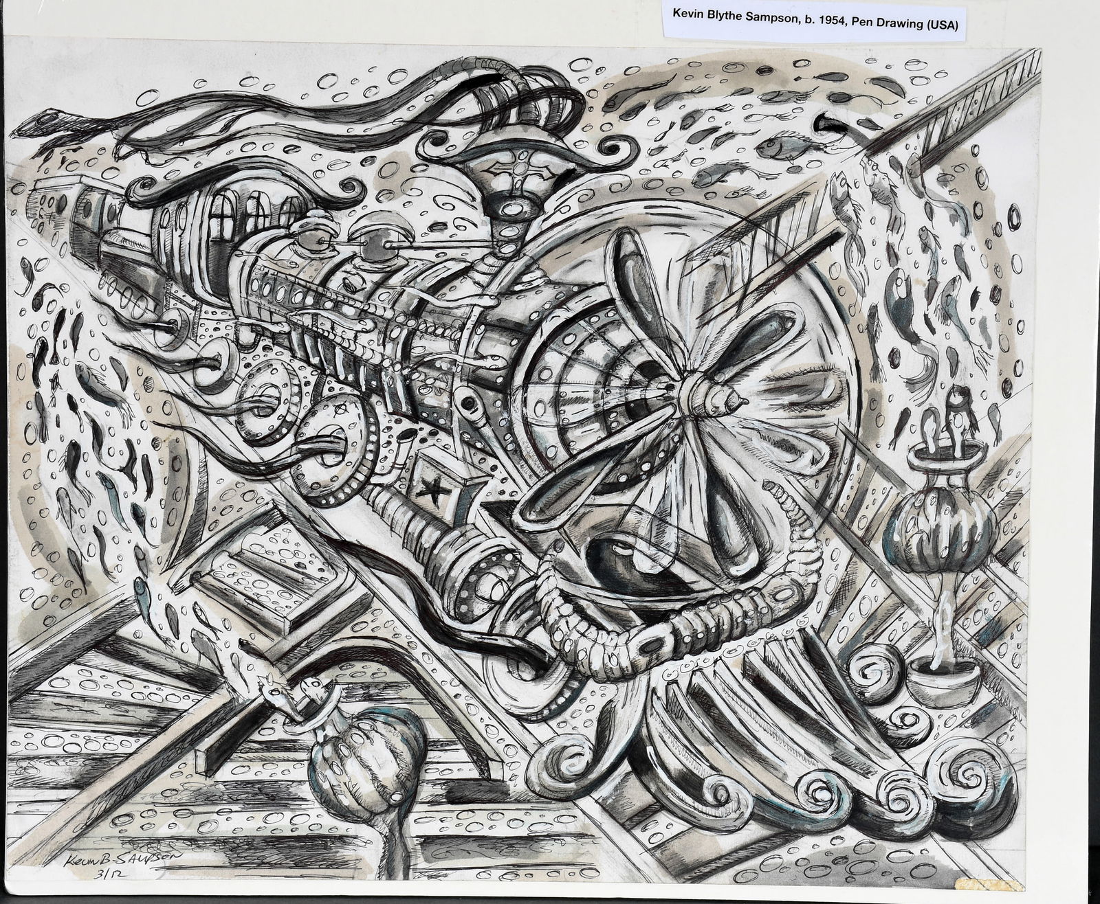 Kevin B. Sampson. Locomotive.: Kevin B. Sampson. Locomotive. 2012. Signed and dated. Ink and watercolor on paper. Excellent condition. 17" w x 14" h. Est. $100-200. Ship: $45 Please Read Before You Bid: By registering for