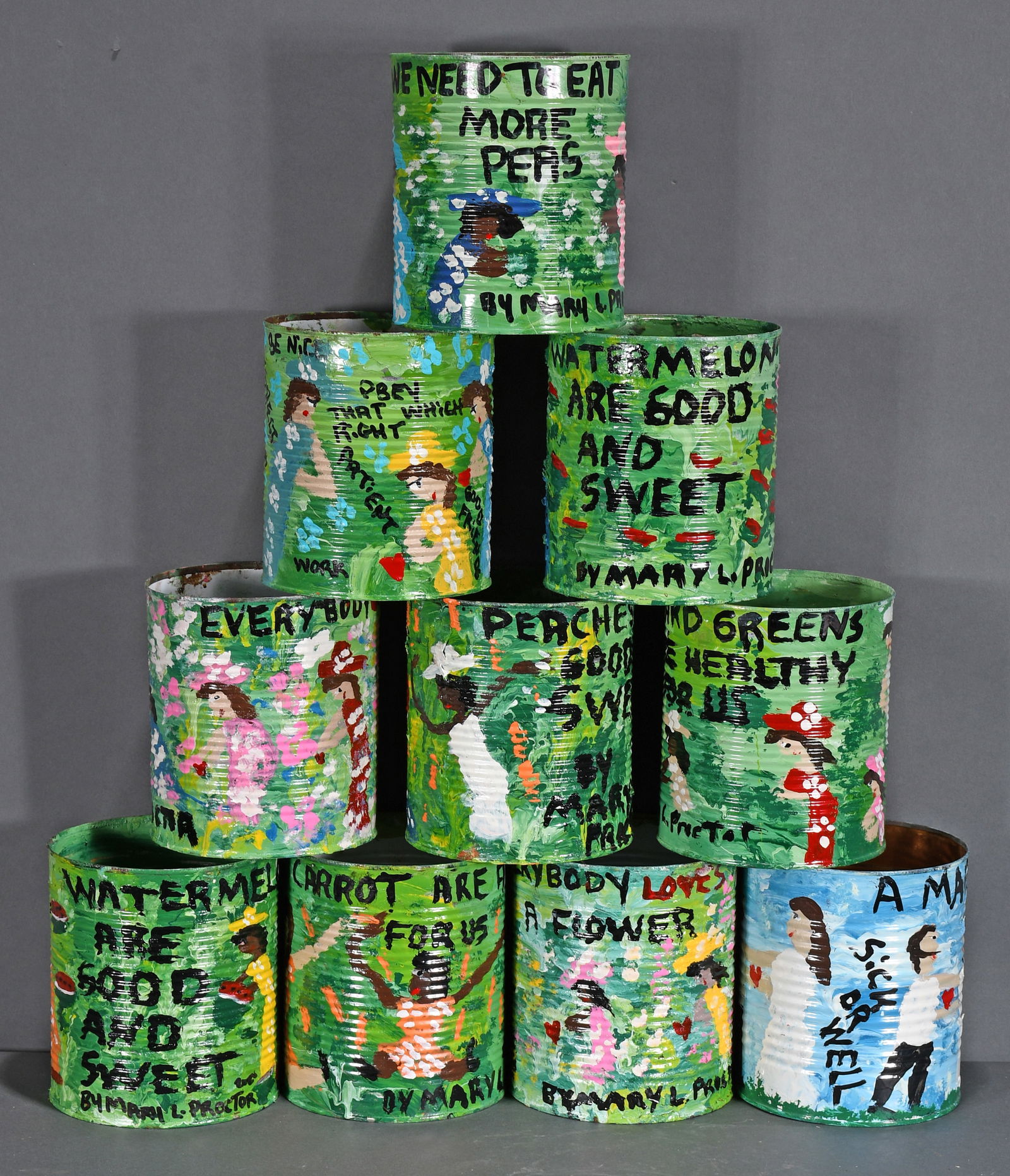 Mary Proctor. Ten Painted Bean Cans.: Mary Proctor. Ten Works, Painted Bean Cans. Signed. Painted found aluminum cans. Excellent condition. Average size is 6" diameter x 7" h. Est. $100-200. Ship: $100 Please Read Before You Bid: By