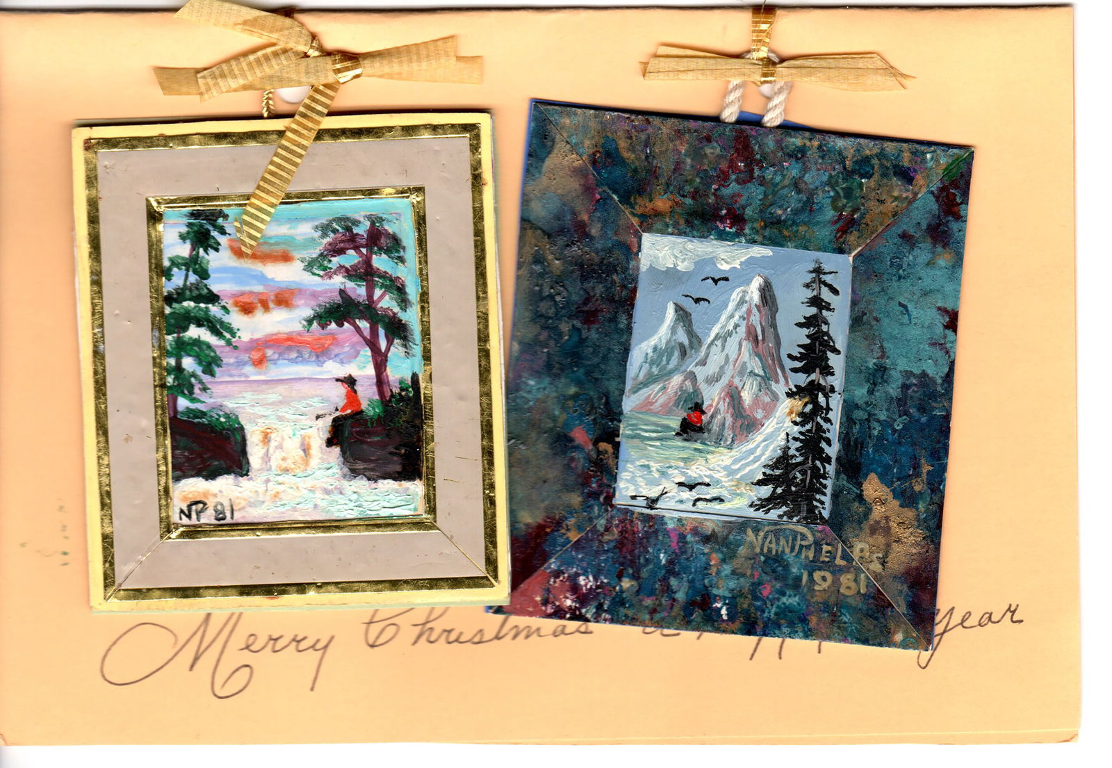 Nan Phelps. Christmas Card with Two Attached Paintings to Jane Kallir and HB.: Nan Phelps. Christmas Card with Two Attached Paintings to Jane Kallir and HB. 1981. Two miniature oil paintings. Left initialed and dated lower left. Right: signed and dated. 3.5" x 3" each. Provenanc