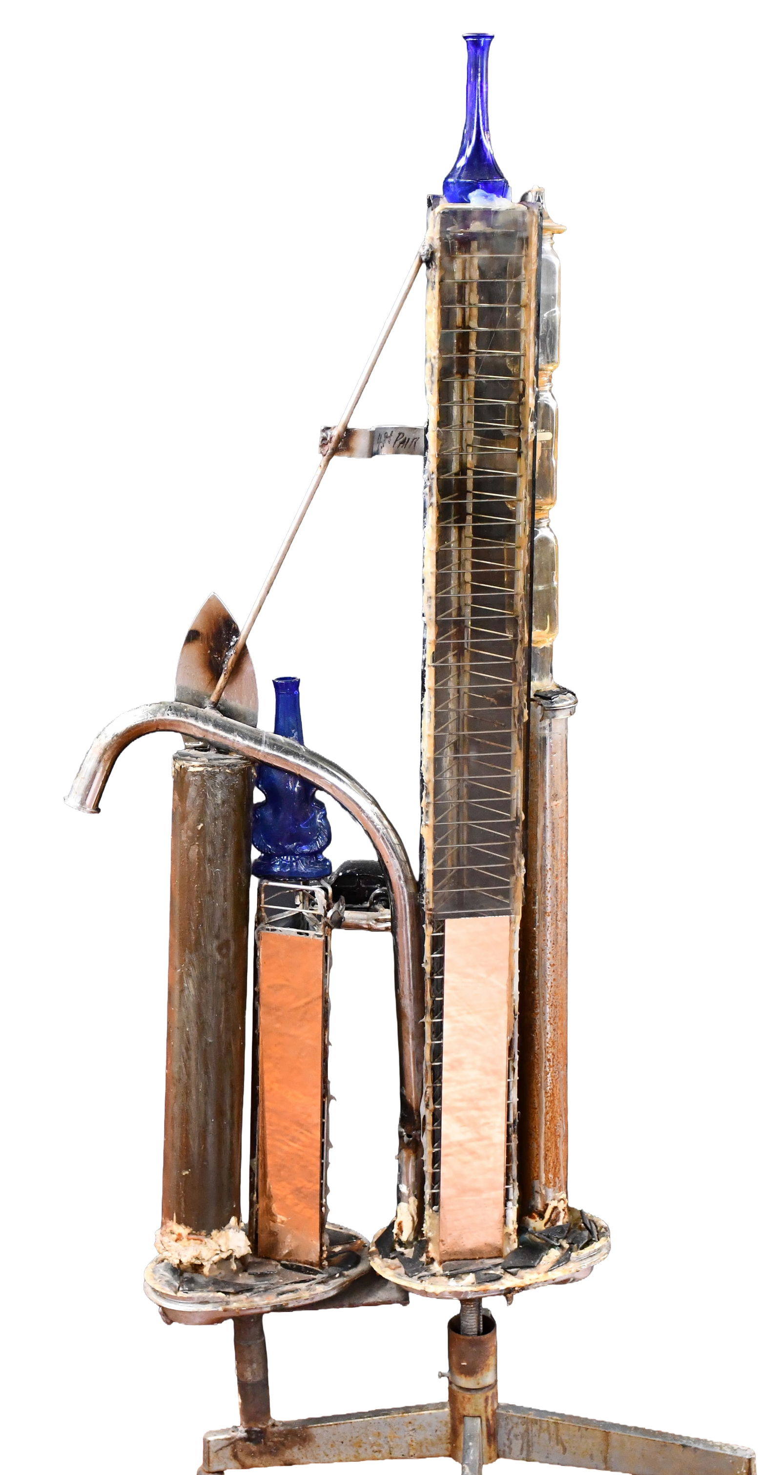 Abstract Modern Art Construction.: Unknown Artist. Abstract Modern Art Construction. Not signed. Mixed media with glass, metal, and found objects. Good condition. 24" w x 68" h. Est. $50-100. Buyer is responsible for shipping. 