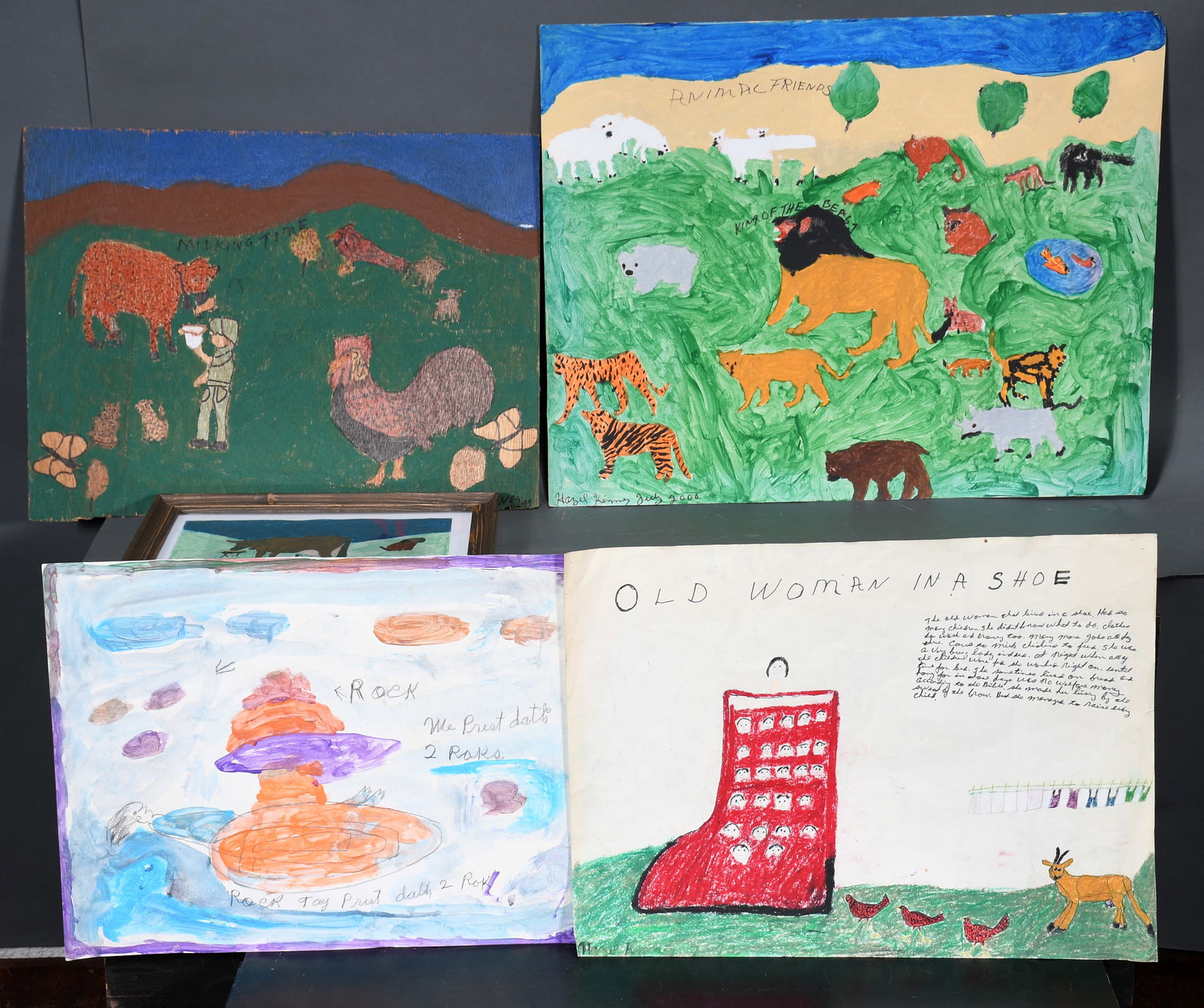 Charley and Hazel Kinney. Five Works.: Charley and Hazel Kinney. Five Works. Mixed media on poster. Good condition. Average is 22" w x 28" h. Est. $25-50. Ship: $85 Please Read Before You Bid: By registering for and/or placing a bid in