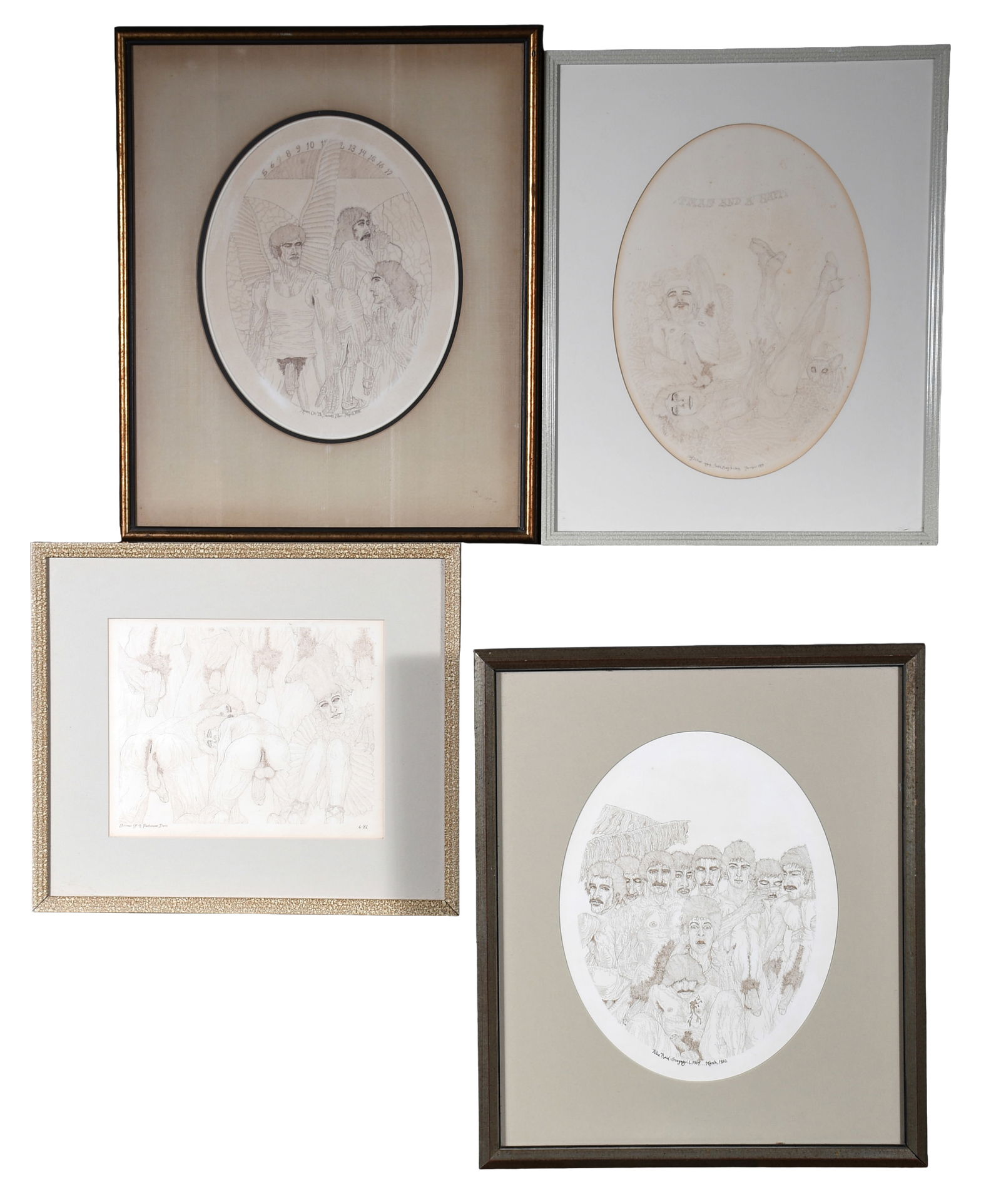 Unknown Artist. Group of Four Male Erotic Sketches.: Unknown Artist. Group of Four Male Erotic Sketches. 1979-1982. Titled and dated. Fine ink on paper. Slight fading and a small amount of foxing. Overall good condition. Largest is 18" w x 21" h with