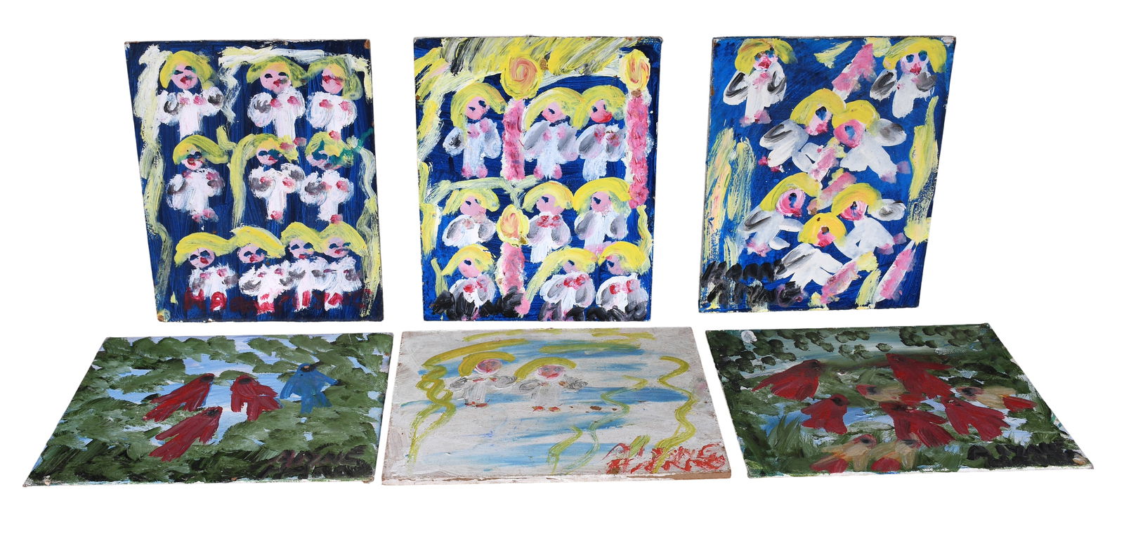 Alyne Harris. Group of Six Small Works.: Alyne Harris. Group of Six Small Works. Signed. Paint on found board. Good condition. Average 8" w x 10" h. Est. $50-100. Ship: $45 Please Read Before You Bid: By registering for and/or placing a