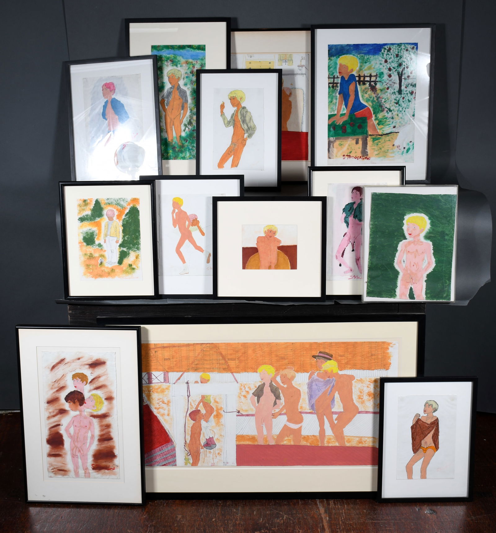 S. Merschind (signed but difficult to read). 13 Male Erotic Works.: S. Merschind (signed but difficult to read). 13 Male Erotic Works. Some are signed. Paint and mixed media on paper and canvas. Good to great condition. Largest with frame is 40" w x 24" h.