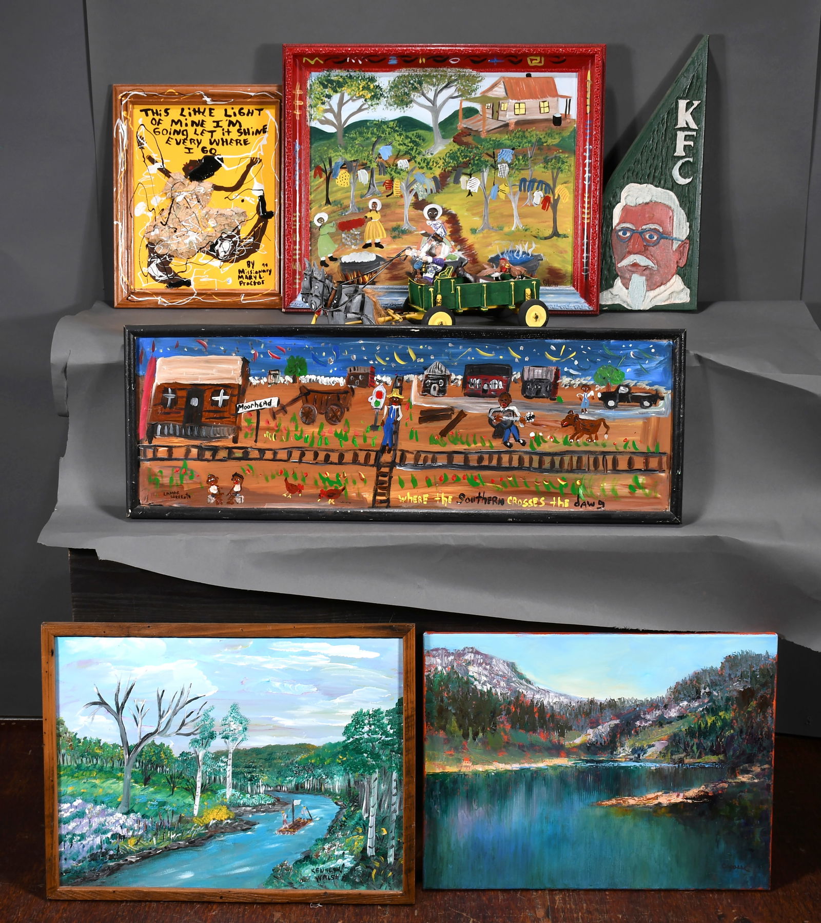 Mary Proctor, Theresa Gloster, Copasse, Kenneth Walsh. 7 Works.: Mary Proctor, Theresa Gloster, Copasse, Kenneth Walsh and Others. Group Lot of Seven Works. Signed. Paint on mixed media. Good to great condition. Largest is 37" w x 13" h. Est. $100-200. Ship: $200 