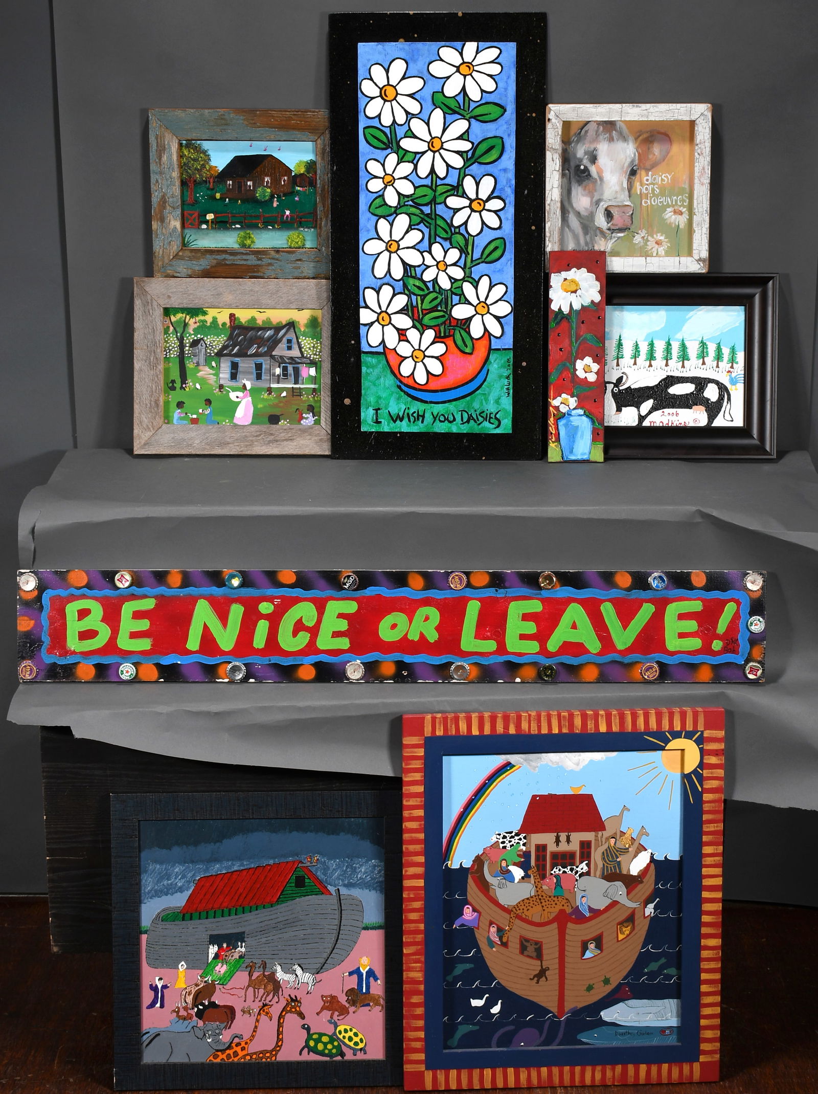 Dr. Bob, Kim Clayton, Minnie Adkins, Will Luck. 9 Fun Works.: Dr. Bob, Kim Clayton, Minnie Adkins, Will Luck, and Others. Group Lot of Nine Fun Works. Signed. Paint on mixed media. Great condition. Largest is 48" w x 9" h. Est. $300-500. Ship: $200 Please