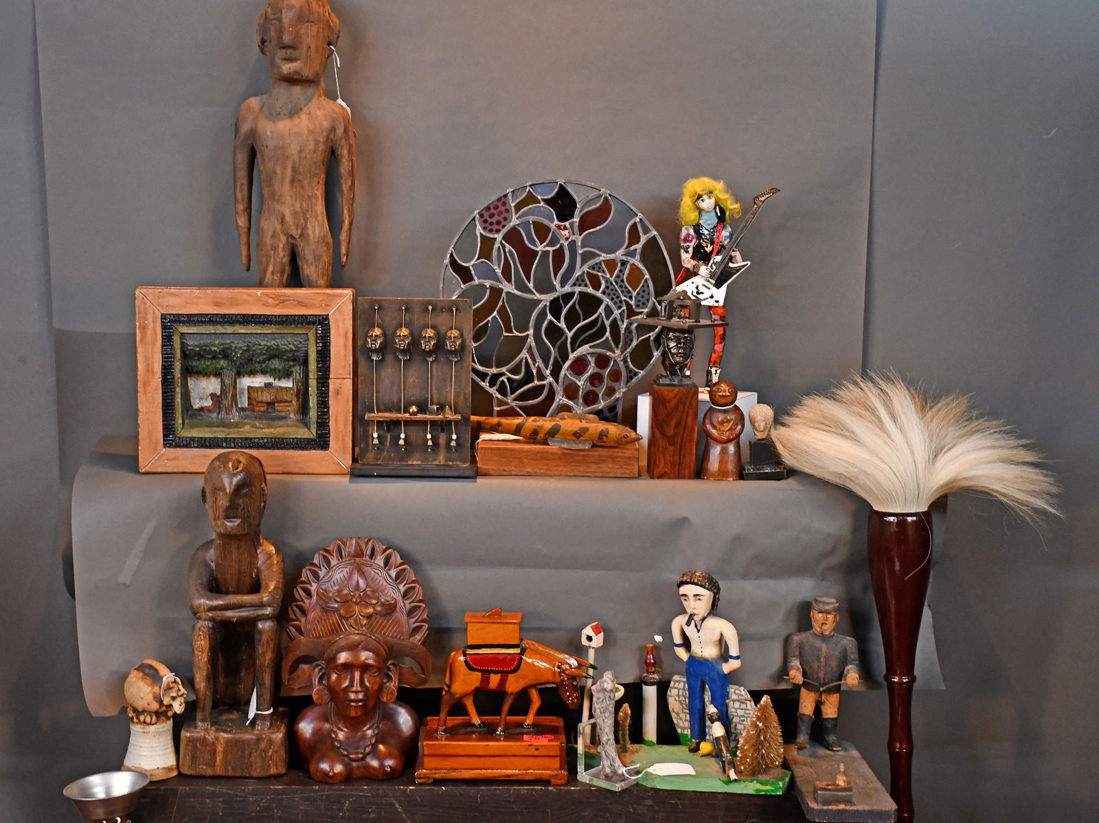 Large Box Lot with Carvings and Mixed Media Objects. - 4