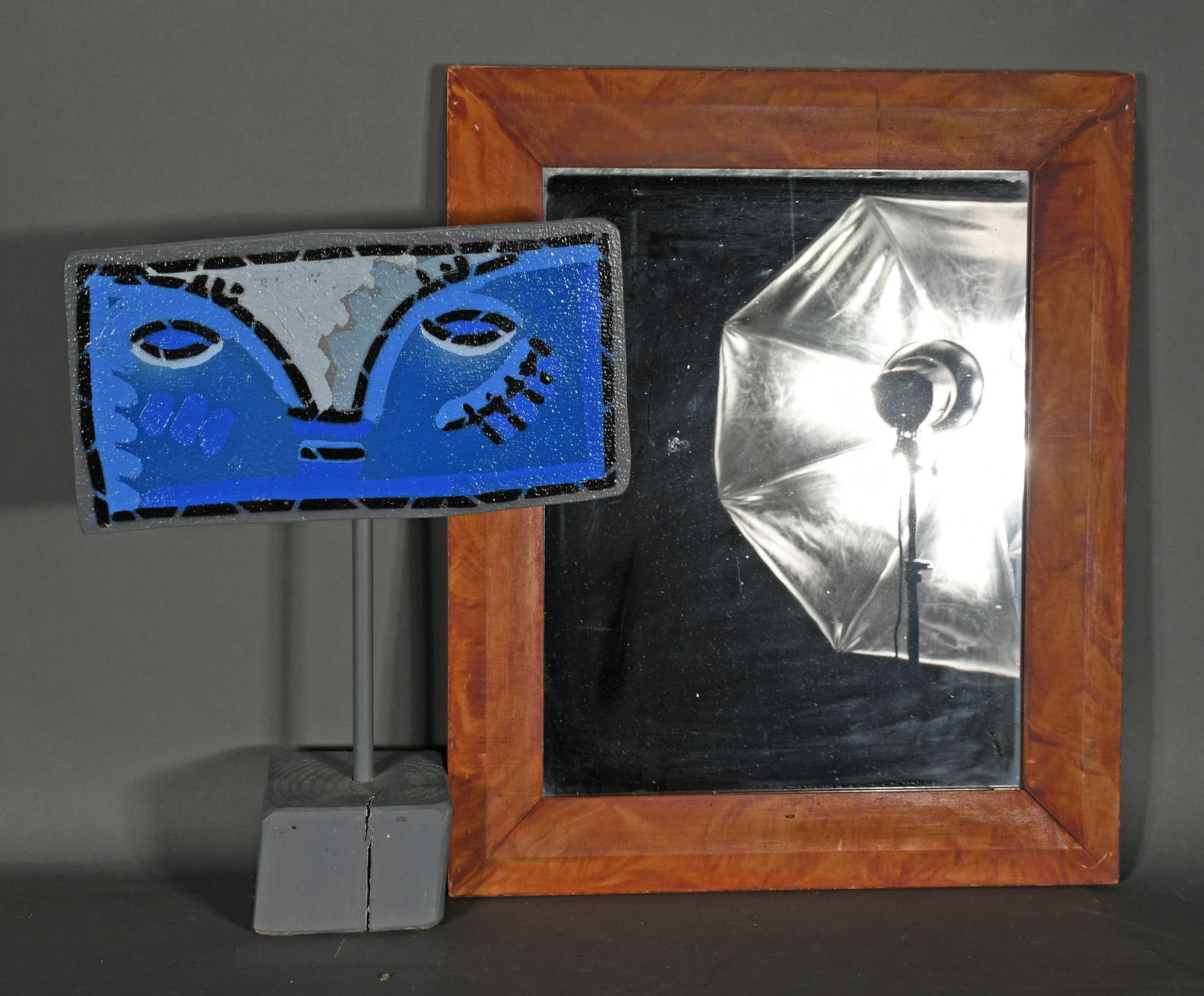 Paul Hamon. Blue Face on Stand and Mirror with Faux Painted Frame.: Paul Hamon and Other. Blue Face on Stand and Mirror with Faux Painted Frame. Excellent condition. Mirror is 21" w x 25" h. Est. $100-200. Ship: $100 Please Read Before You Bid: By registering for