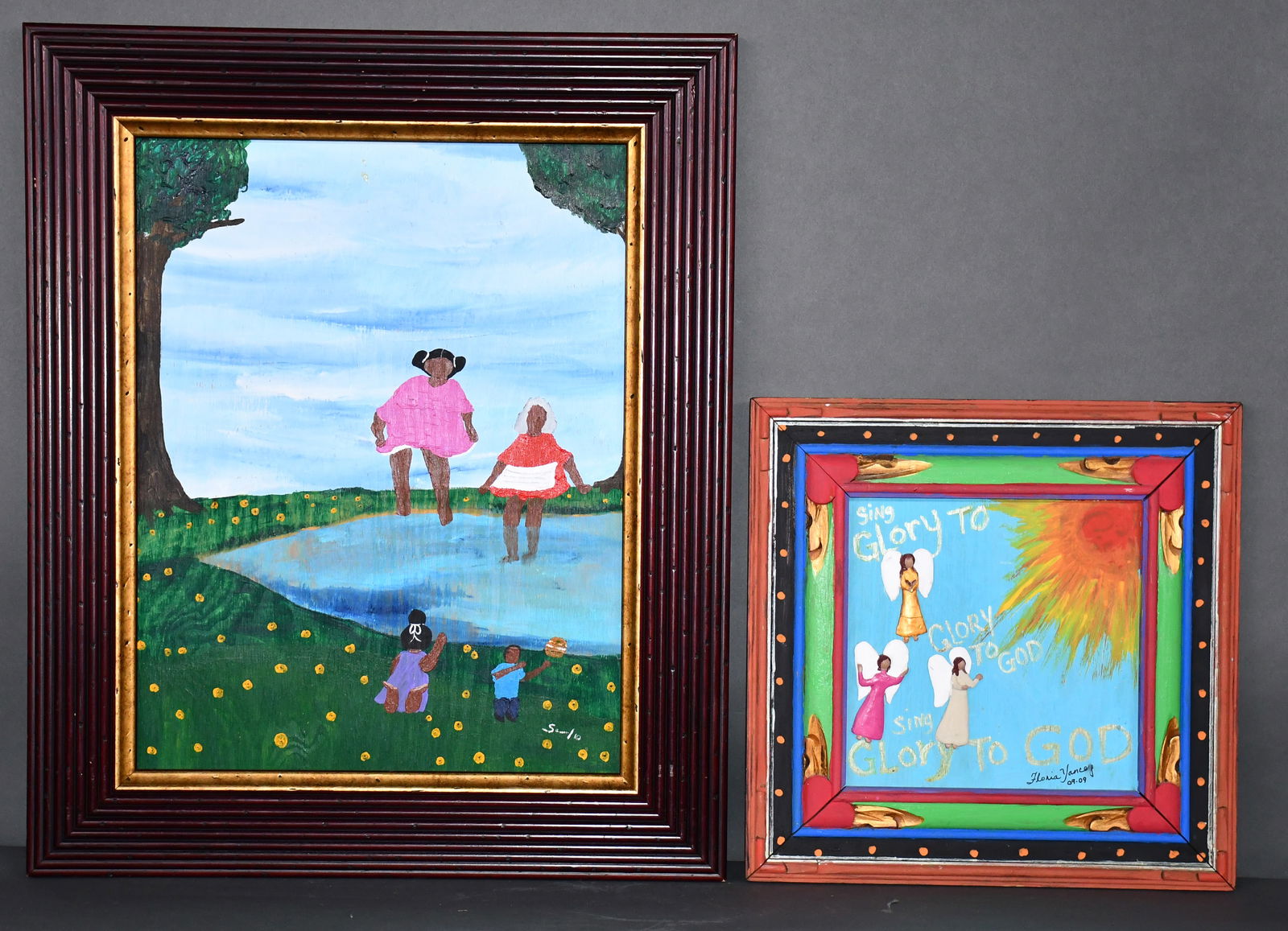 Unknown and Yancy. Pair of Works.: Unknown and Yancy. Pair of Works. Signed. Paint and mixed media on board. Excellent condition. Largest is 24" w x 28" h. Est. $50-100. Ship: $150 Please Read Before You Bid: By registering for