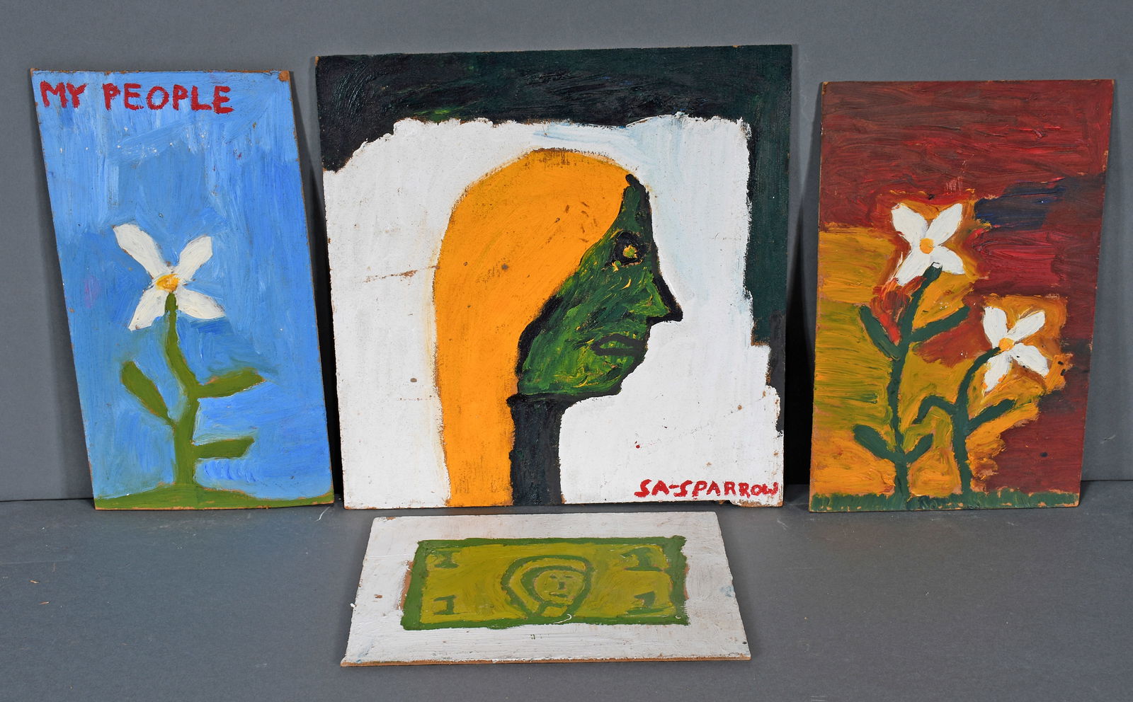 Eric Holing. Group of Four Work.: Eric Holing. Group of Four Work. Signed. Paint on scrap board. Fair condition. Largest is 14" w x 14" h. Est. $25-35. Ship: $45 Please Read Before You Bid: By registering for and/or placing a bid