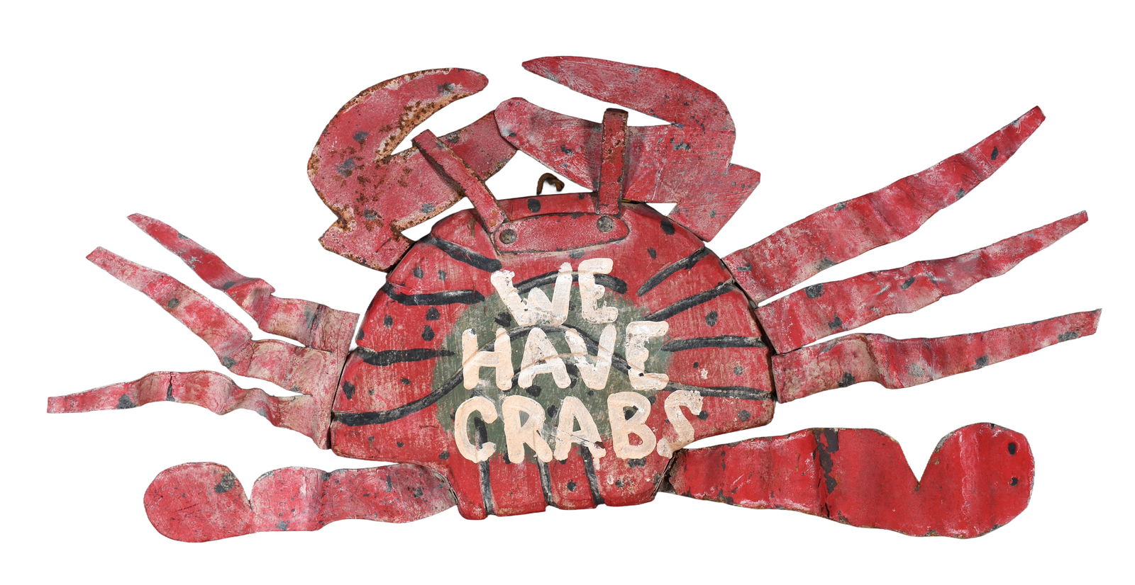 We Have Crabs Sign.: Anonymous. We Have Crabs Sign. Paint on wood and cut out tin. Weathering and wear, otherwise fair condition. 25" w x 13" h. Est. $25-35. Ship: $55 Please Read Before You Bid: By registering for
