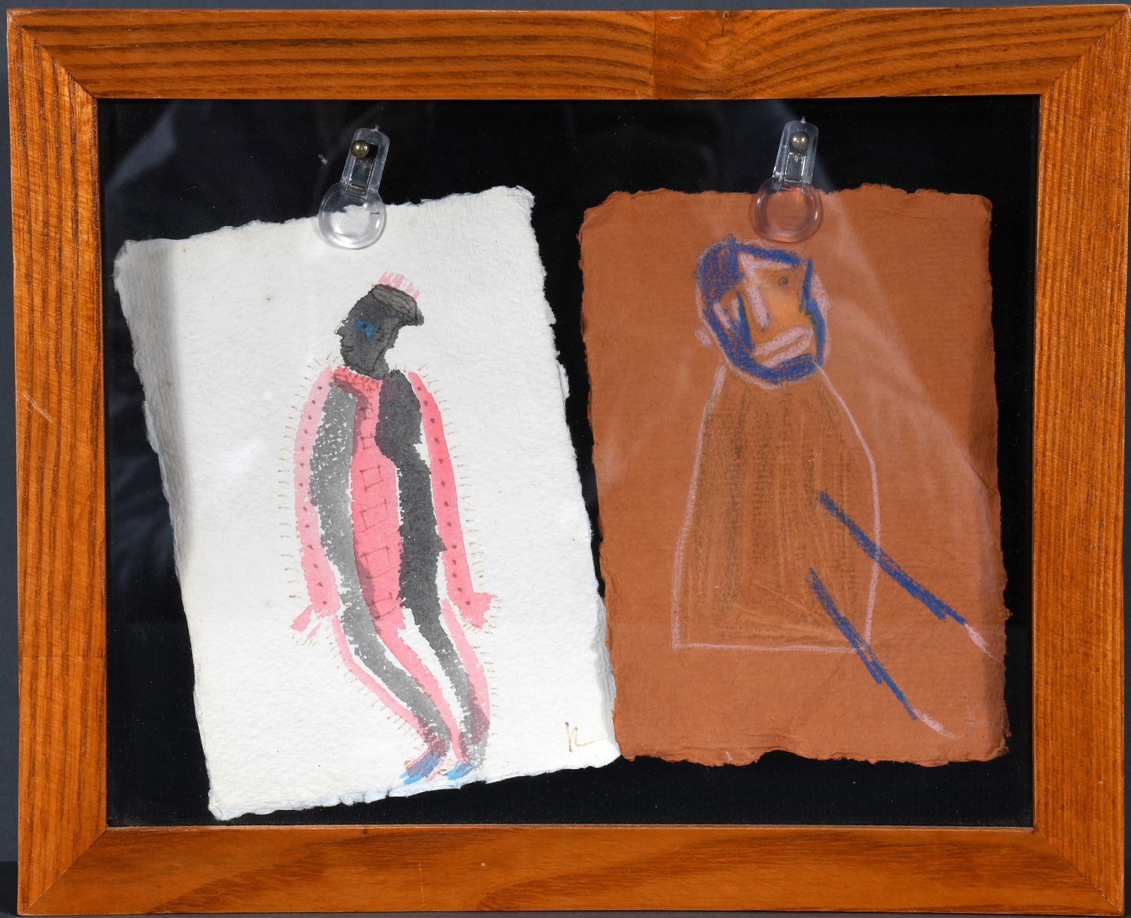 Carl Mullin. Two Small Works in Shadowbox Frame.: Carl Mullin. Two Small Works Framed Together in Shadowbox Frame. Initialed. Watercolor on scrap paper. Box is 11" x 9" x 2". Est. $100-200. Ship: $35 Please Read Before You Bid: By registering for