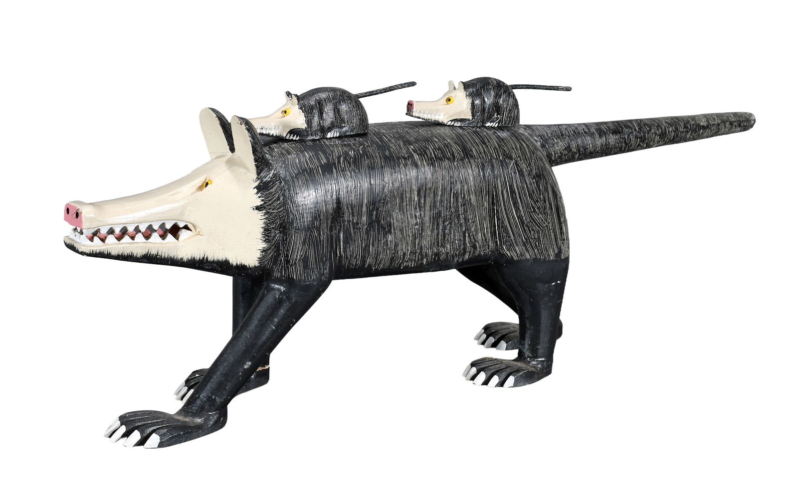 Lonnie and Twyla Money. Momma Possum & Babies.: Lonnie and Twyla Money. Momma Possum and Two Babies. Signed. Carved and painted wood with magnetic babies. Broken front foot and chipped rear toe, otherwise fair condition. 29" long x 10" h. Est.