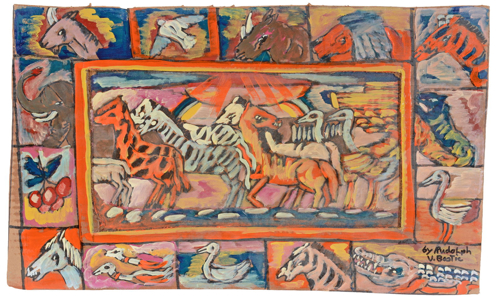Rudy Bostic. Noah's Ark.: Rudy Bostic. Noah's Ark. Signed. Paint on found cardboard. Great condition. 22" w x 13" h. Est. $25-35. Ship: $45 Please Read Before You Bid: By registering for and/or placing a bid in any Slotin
