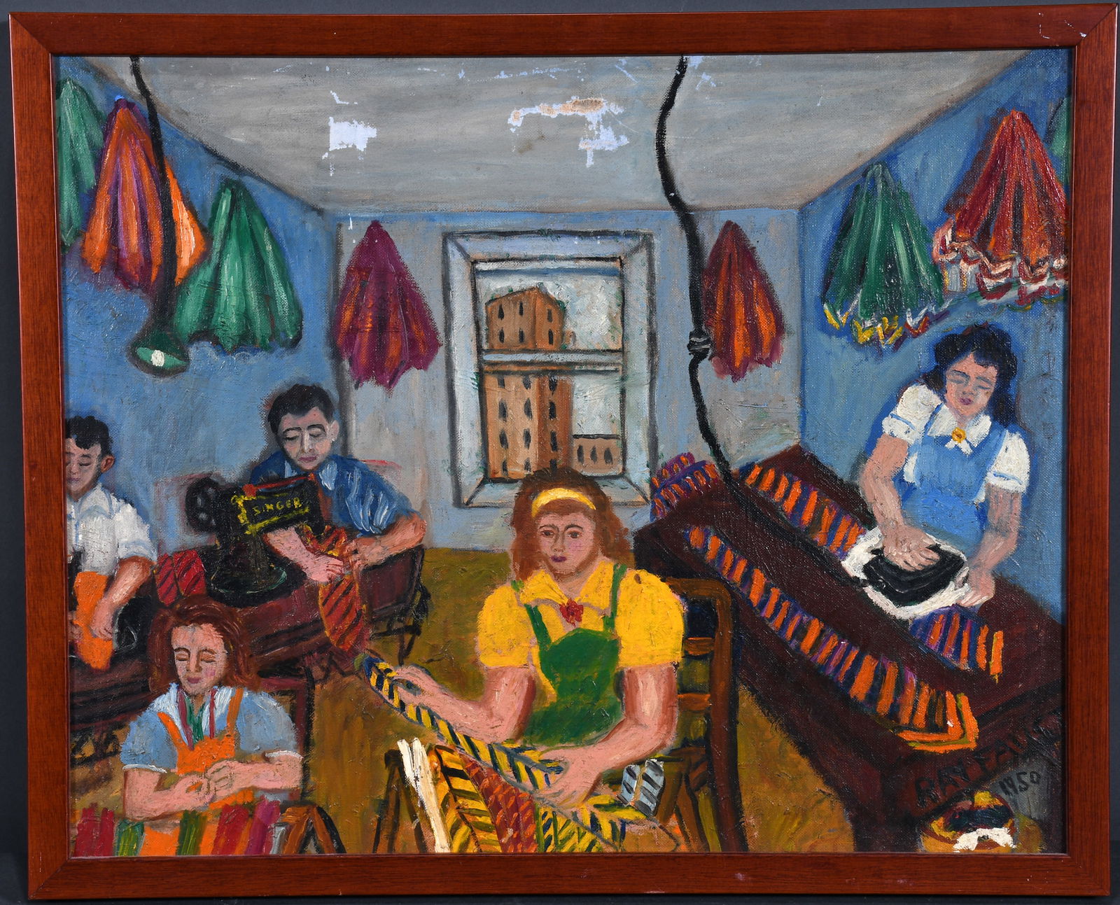 Ray Faust. Seamstress.: Ray Faust. Seamstress. 1950. Signed and dated. Oil on canvas panel. Large scratch and surface loss top middle. Overall poor condition. Size with frame is 21" w x 17" h. Est. $25-50. Ship: $55 