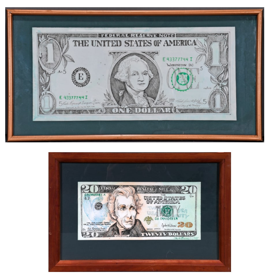 Paula Towne. One & Twenty Hand Drawn Dollar Bills.: Paula Towne. One Dollar. 2011. Signed and dated. Ink on paper. Slight fading, otherwise great condition. Image is 22" x 10". Frame is 27" x 14". Twenty Dollar. 2007. Signed and dated. Ink on paper.