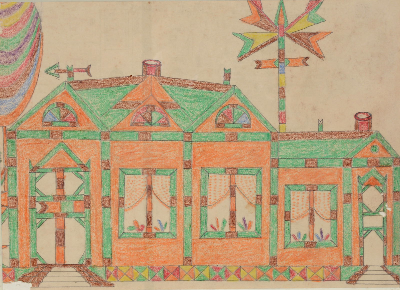 Unknown Artist. Colorful House.: Unknown Artist. Colorful House. Not signed or dated. Colored pencil on paper. Some loss lower left and right corners, otherwise fair condition. 15” w x 12” h including frame. Est. $50-100.