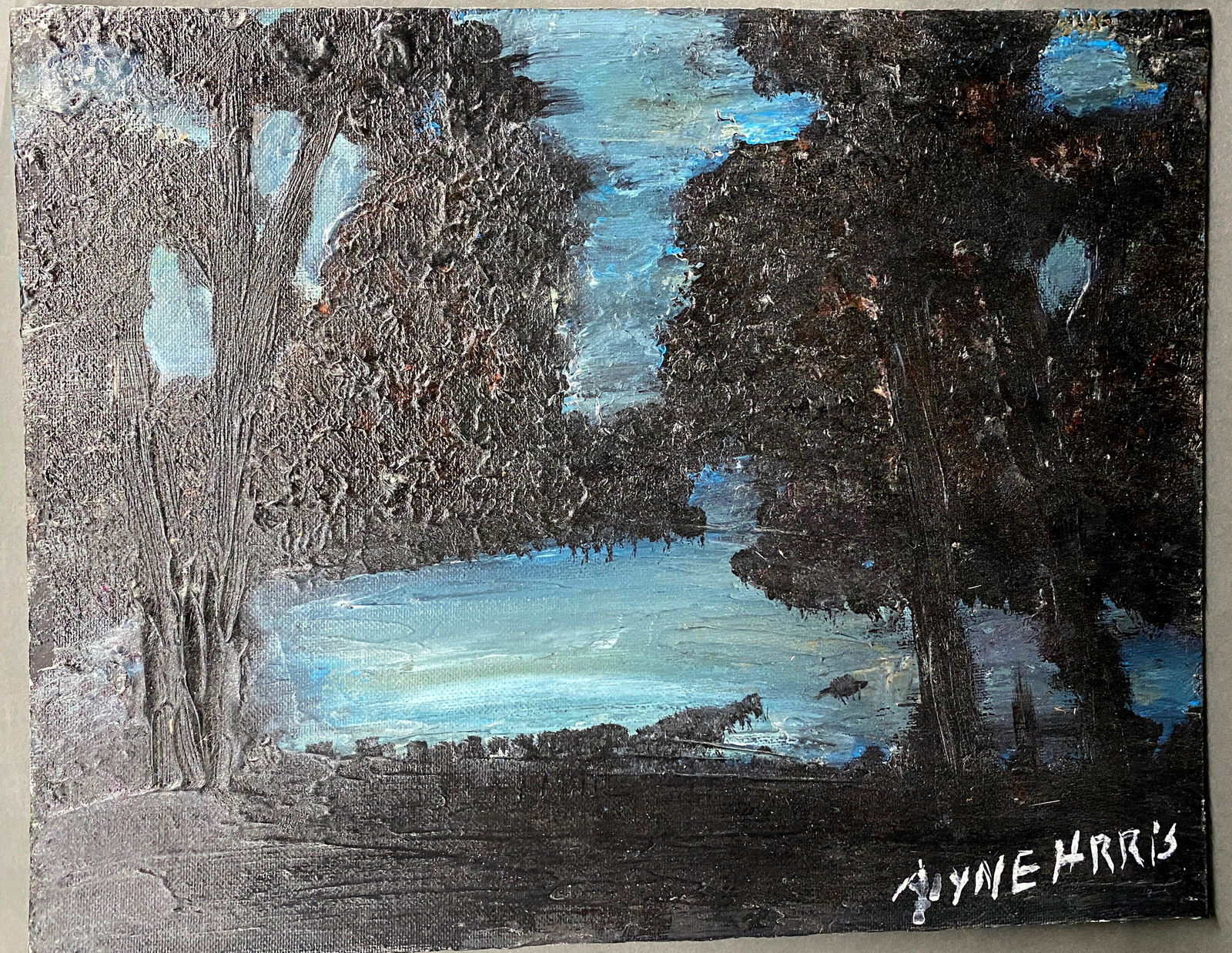 Alyne Harris. Lake Scene.: Alyne Harris. Lake Scene. Signed. Paint on canvas board. 14" w x 11" h. Good condition. Est. $50-100. Ship: $35 Please Read Before You Bid: By registering for and/or placing a bid in any Slotin