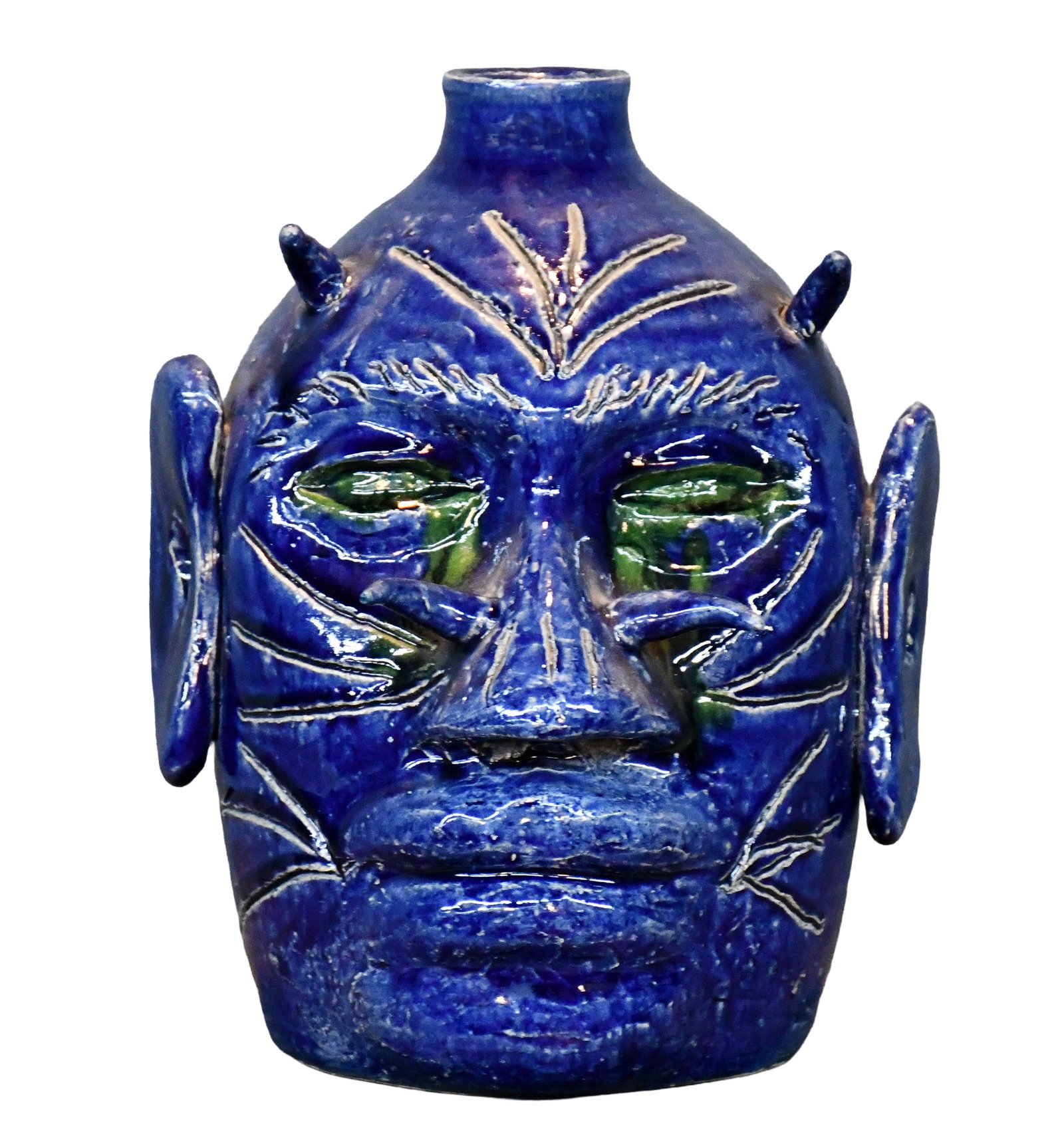 Edwin Meaders. Blue and Green Glaze Devil Face Jug. (1 of 8)