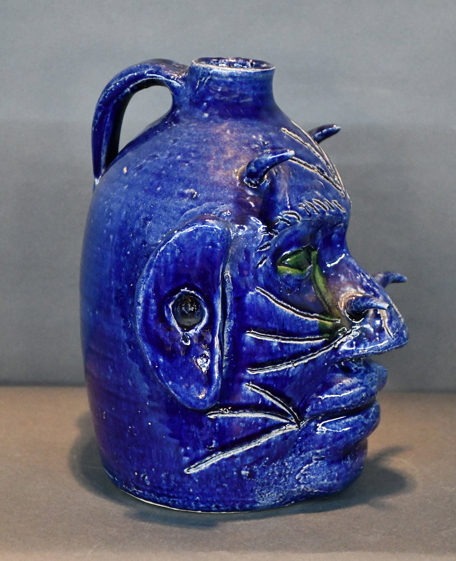 Edwin Meaders. Blue and Green Glaze Devil Face Jug. - 2