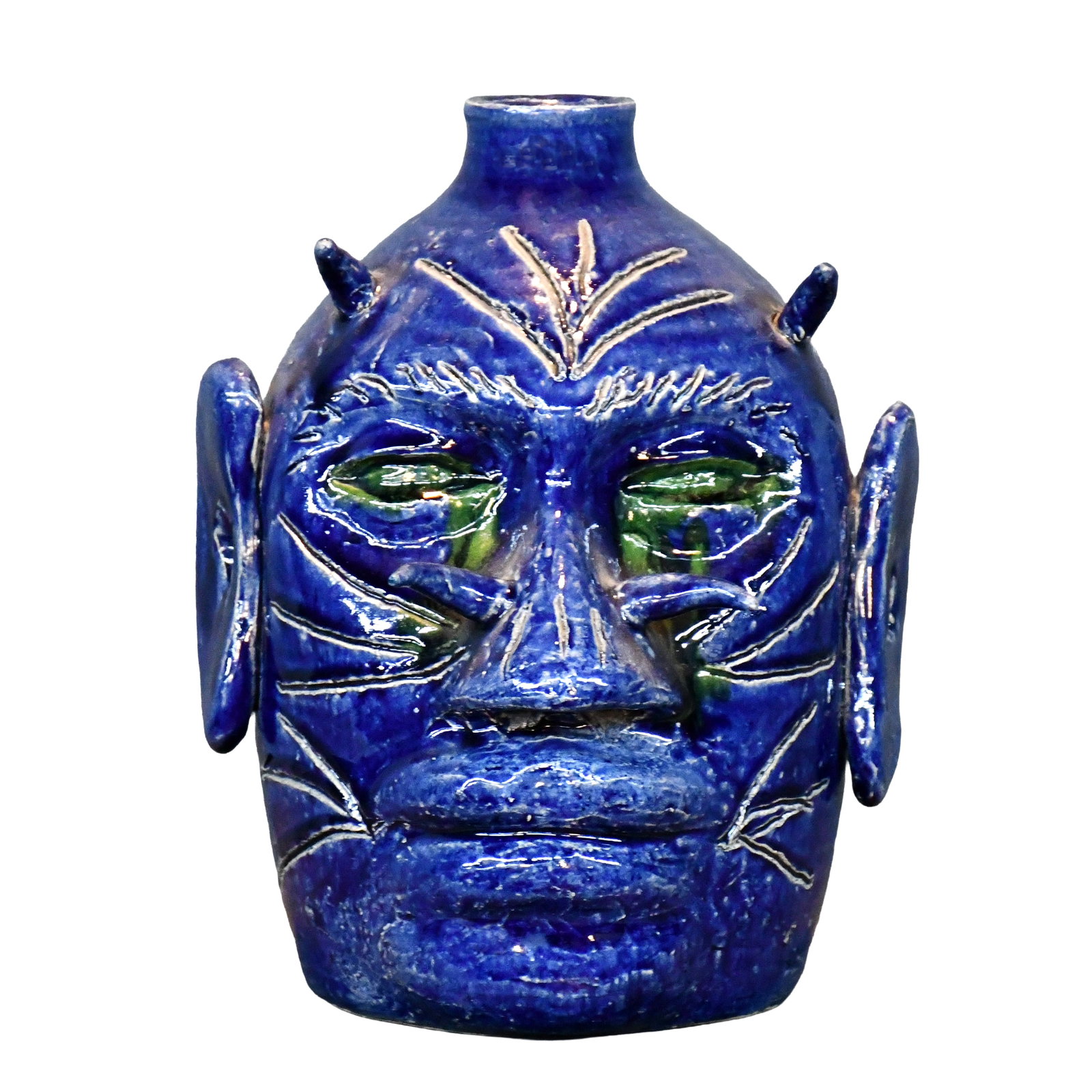 Edwin Meaders. Blue and Green Glaze Devil Face Jug. - 3