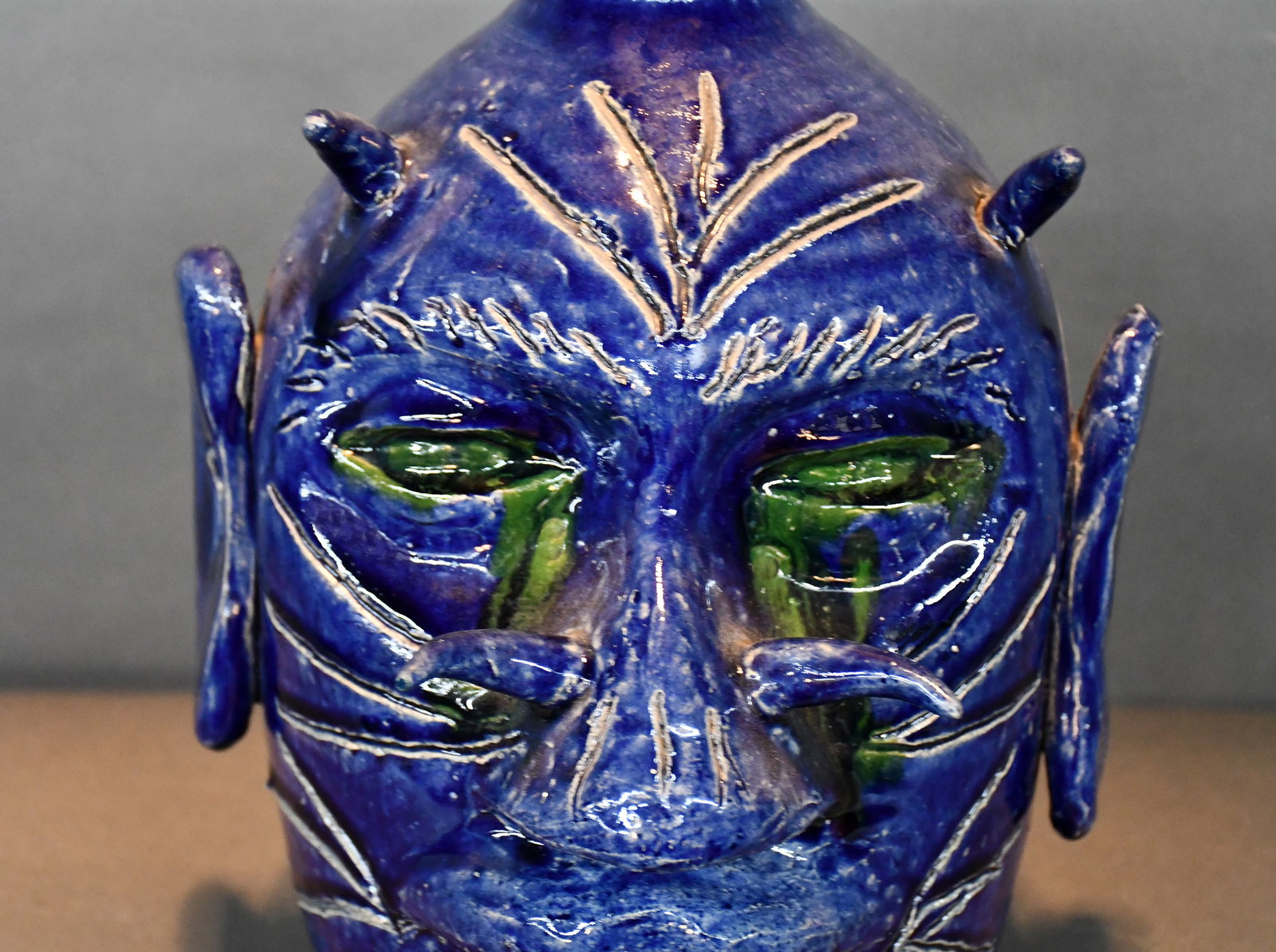 Edwin Meaders. Blue and Green Glaze Devil Face Jug. - 5