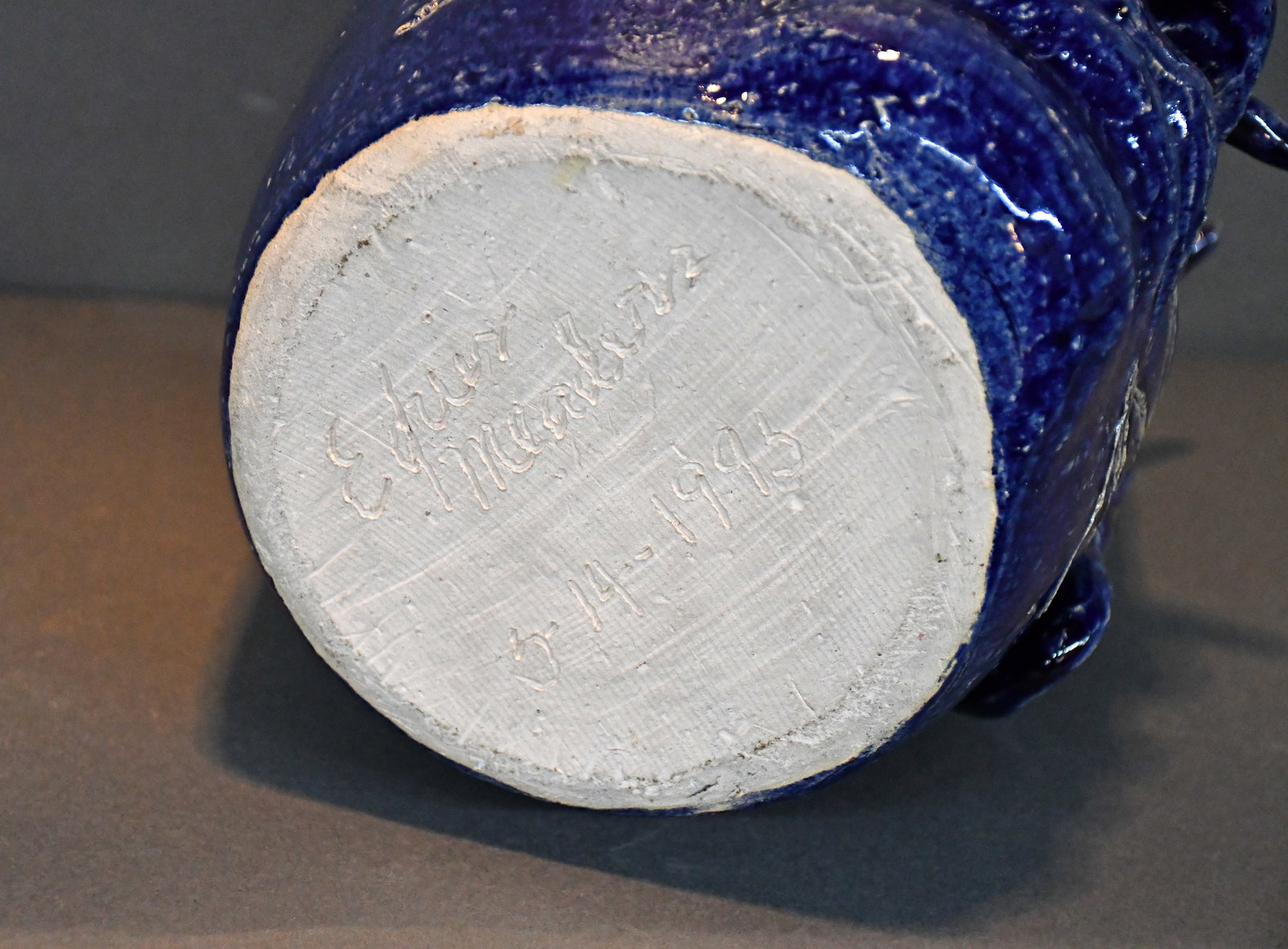 Edwin Meaders. Blue and Green Glaze Devil Face Jug. - 8