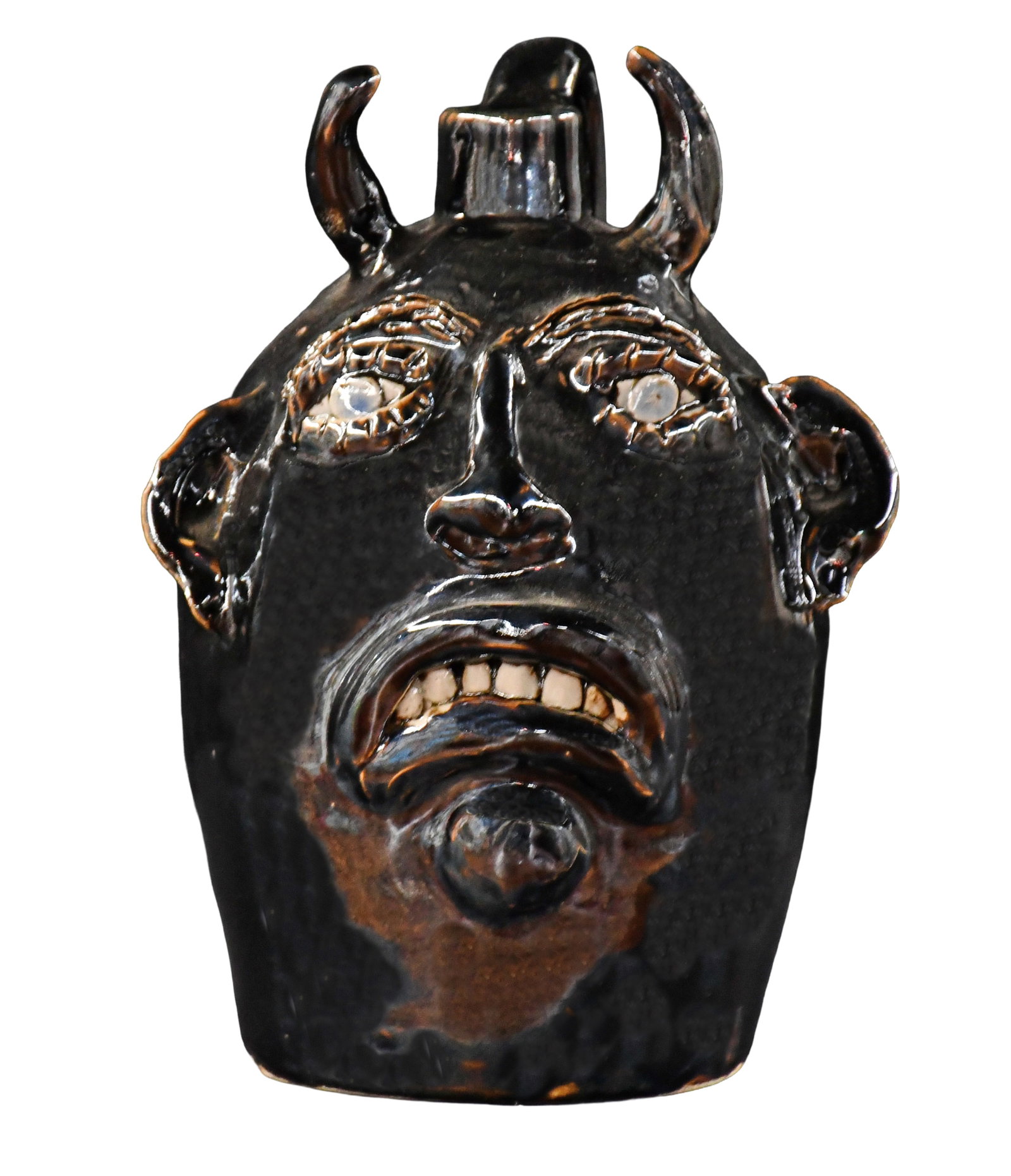 Jerry Brown. Devil Face Jug with Dark Albany Slip Glaze. (1 of 5)