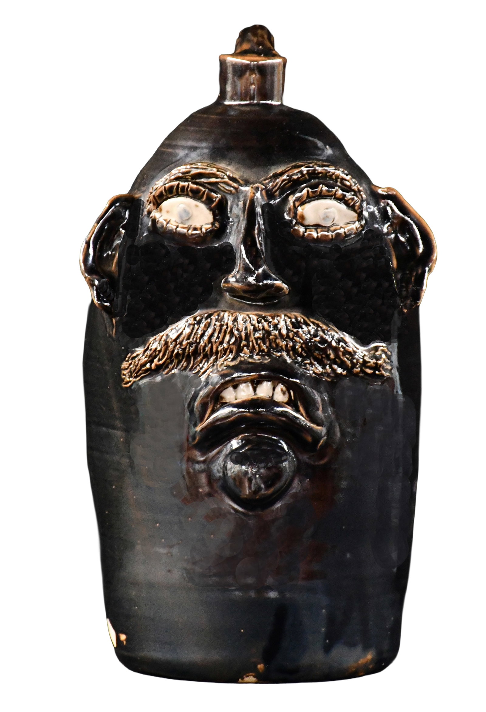 Jerry Brown. Five Gallon Face Jug with Dark Albany Slip Glaze. (1 of 5)