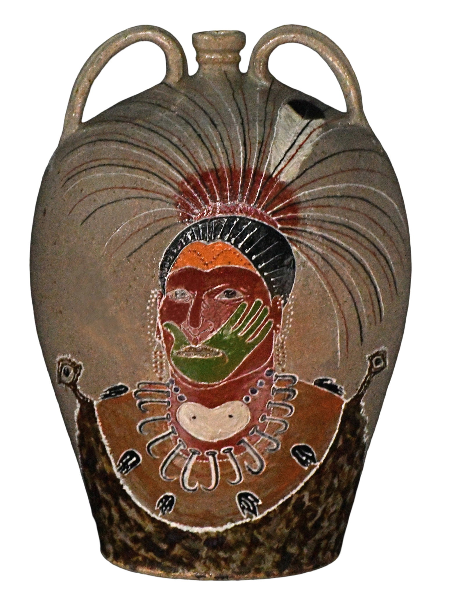 Michel Bayne. Five Gallon Jug with Decoration of Lakota Akicita Guardian.: Michel Bayne. Five Gallon Jug with Decoration of Lakota Akicita Guardian. Signed. Mint condition. 18" h. Est. $1,000-2,000. Ship: $125 Please Read Before You Bid: By registering for and/or placing a b