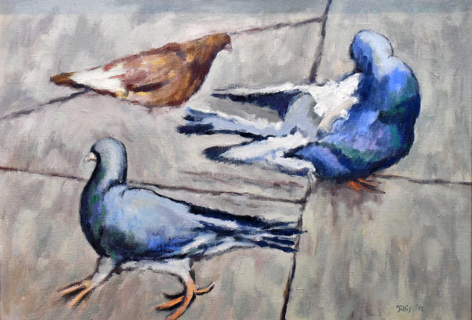 Crawford Gillis. Pigeons.: Crawford Gillis. (1914-2000). Pigeons. 1958. Signed and dated. Oil on canvas. Excellent condition. Visible image is 32" w x 22" h. Frame is 37" w x 27" h. Est. $10,000-20,000. Ship: $150