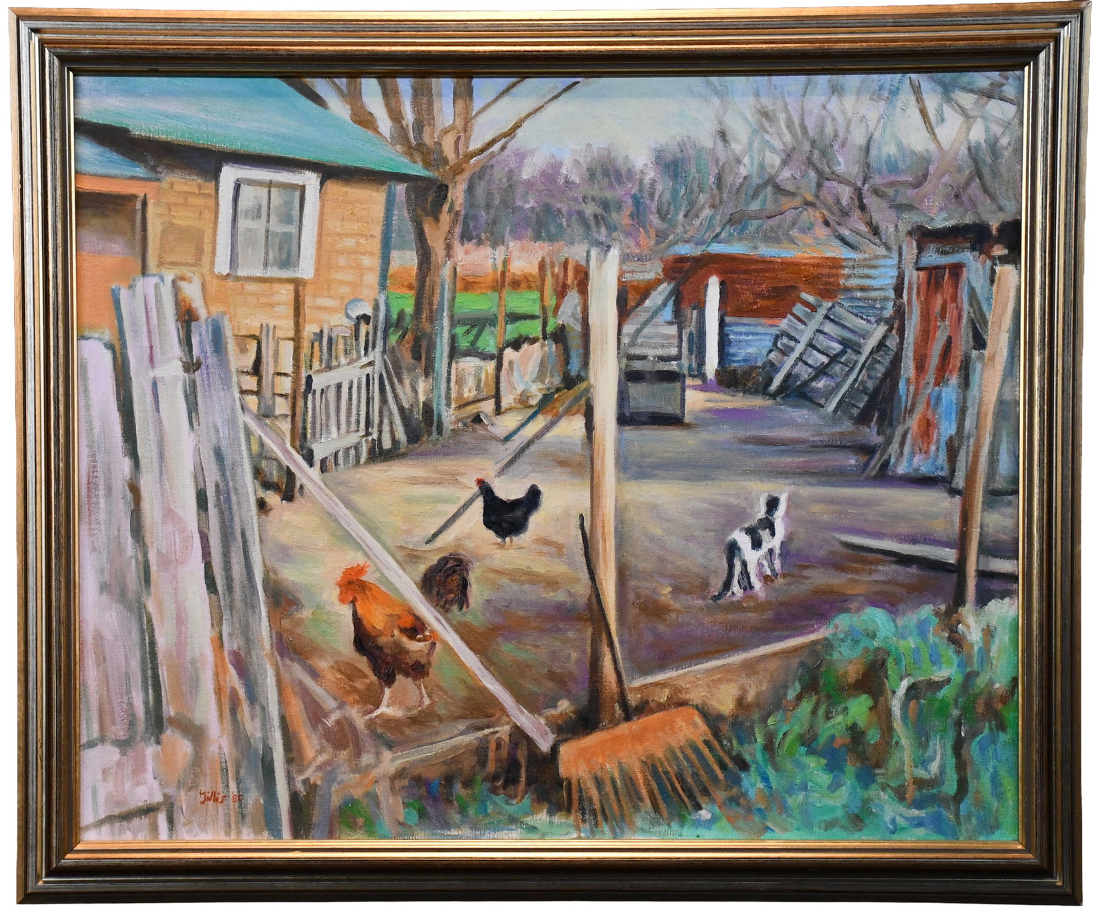 Crawford Gillis. Chickens and Cat in Yard.: Crawford Gillis. Chickens and Cat in Yard. 1980. Signed and dated. Oil on canvas. Excellent condition. Visible image is 21.5" w x 18" h. Frame is 25" w x 21" h. Est. $4,000-8,000. Ship: $75 Please