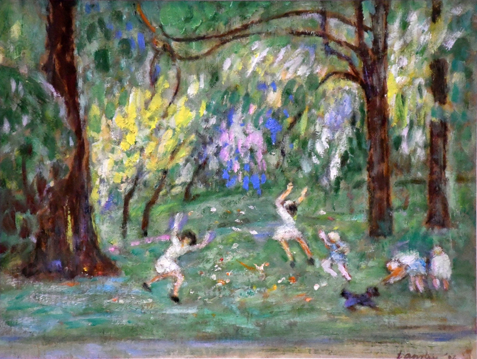 John Lapsley. Playing Under the Wisteria.: John Lapsley. Playing Under the Wisteria. 1986. Signed and dated. Paint on paper. Excellent condition. Image is 10" w x 8" h. Frame is 17" w x 15" h. Est. $500-800. Ship: $55 Please Read Before