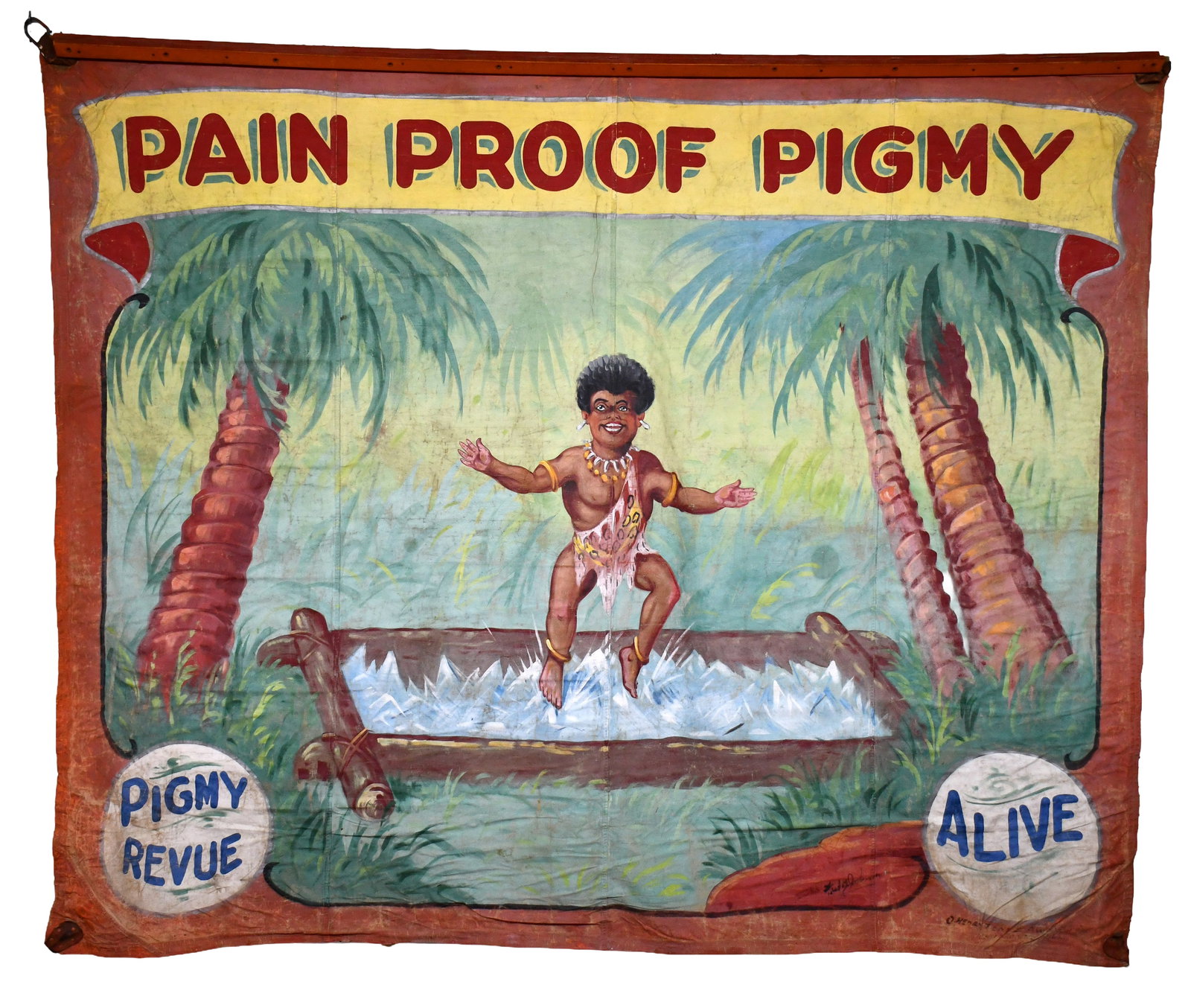 Fred G. Johnson. Pain Proof Pigmy Freak Show Canvas Carnival Banner. (1 of 10)
