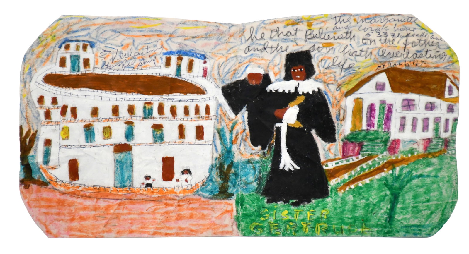 Sister Gertrude Morgan. He That Believeth.: Sister Gertrude Morgan. He That Believeth. Signed and titled. Paint, crayon, and ink on found paper. Excellent condition. Image is 12" w x 6.5" h. Frame is 18" w x 12" h. Est. $3,000-5,000. Ship: $55