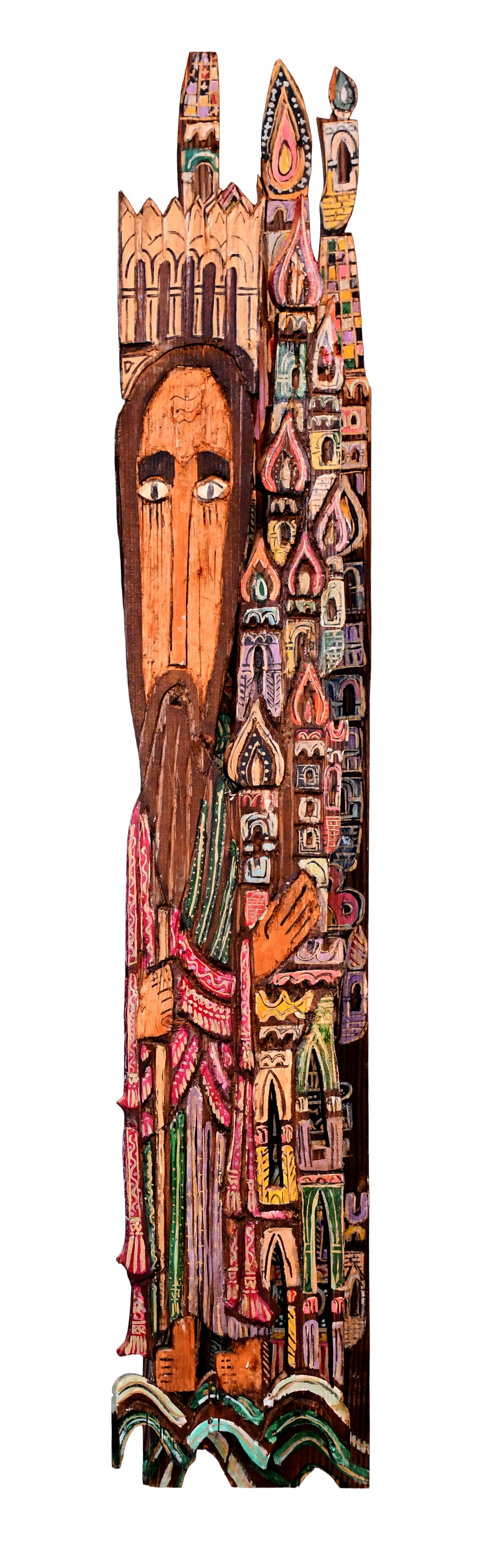 Jonathan Kendall & John Kreyche. King Solomon and Temple.: Jonathan Kendall (1939-2004) & John Kreyche. King Solomon and Temple. 1981. Signed, dated, and titled. Two separate carved and painted wood planks attached with pegs. Pegs are loose, otherwise great