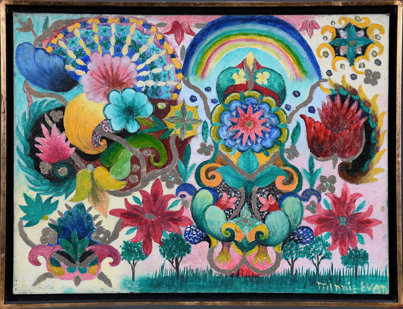 Minnie Evans. Untitled Landscape Design.: Minnie Evans. Untitled Landscape Design. c. 1970s. Signed. Not dated. Oil on canvas panel. Excellent condition. Image is 16" x 12". Frame is 17" w x 13" h. Provenance: Estate of Artist to Luise Ross